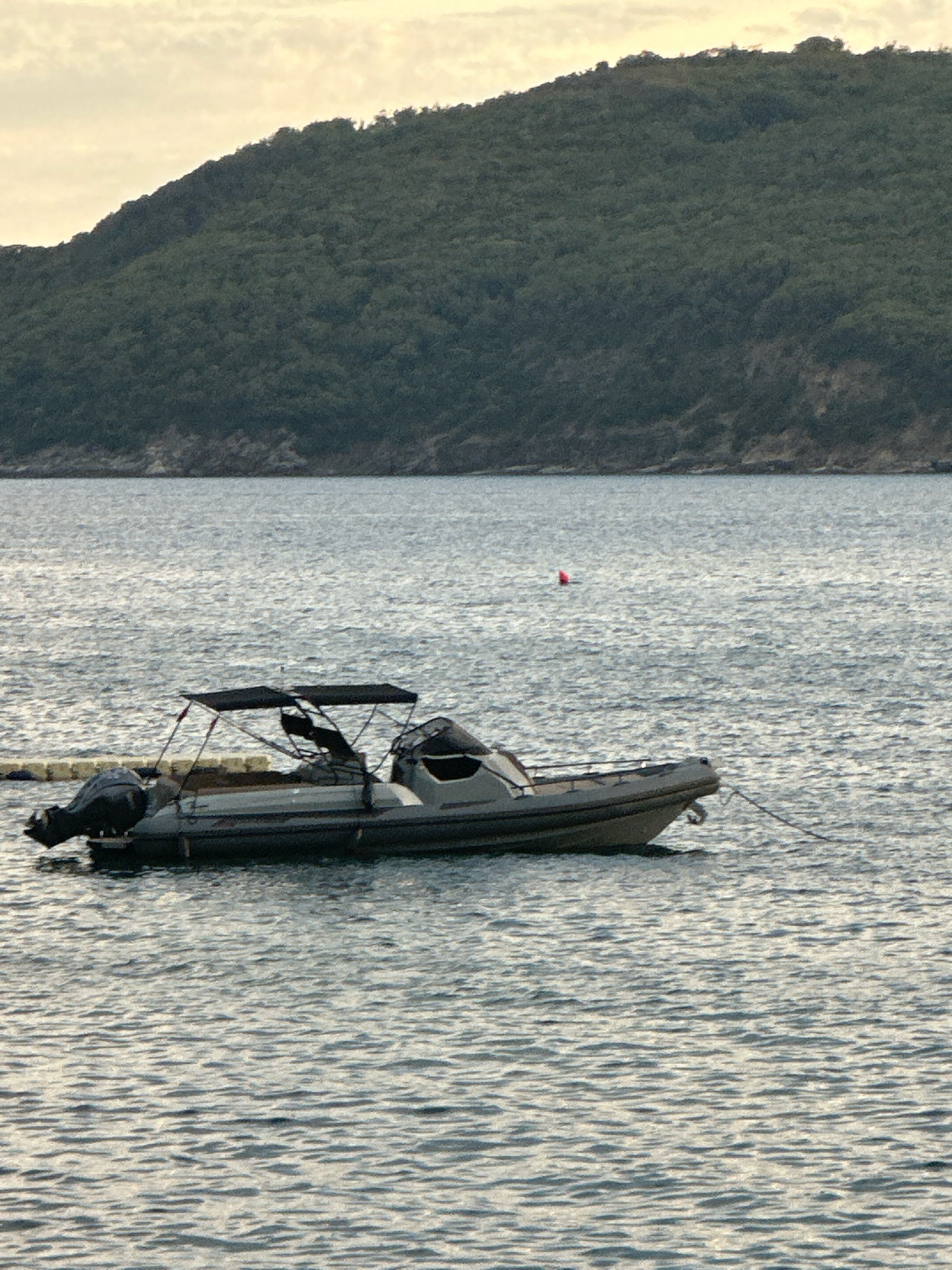 A rigid inflatable boat with a black canopy is moored on the water. The boat is gray and has an outboard motor at the stern. A rope extends from the bow of the boat to an unseen anchor point. In the background, a tree-covered hill rises from the water, characteristic of the Budva coastline. The sky above is cloudy and pale. The water is calm with small ripples. A small red buoy is visible in the distance.