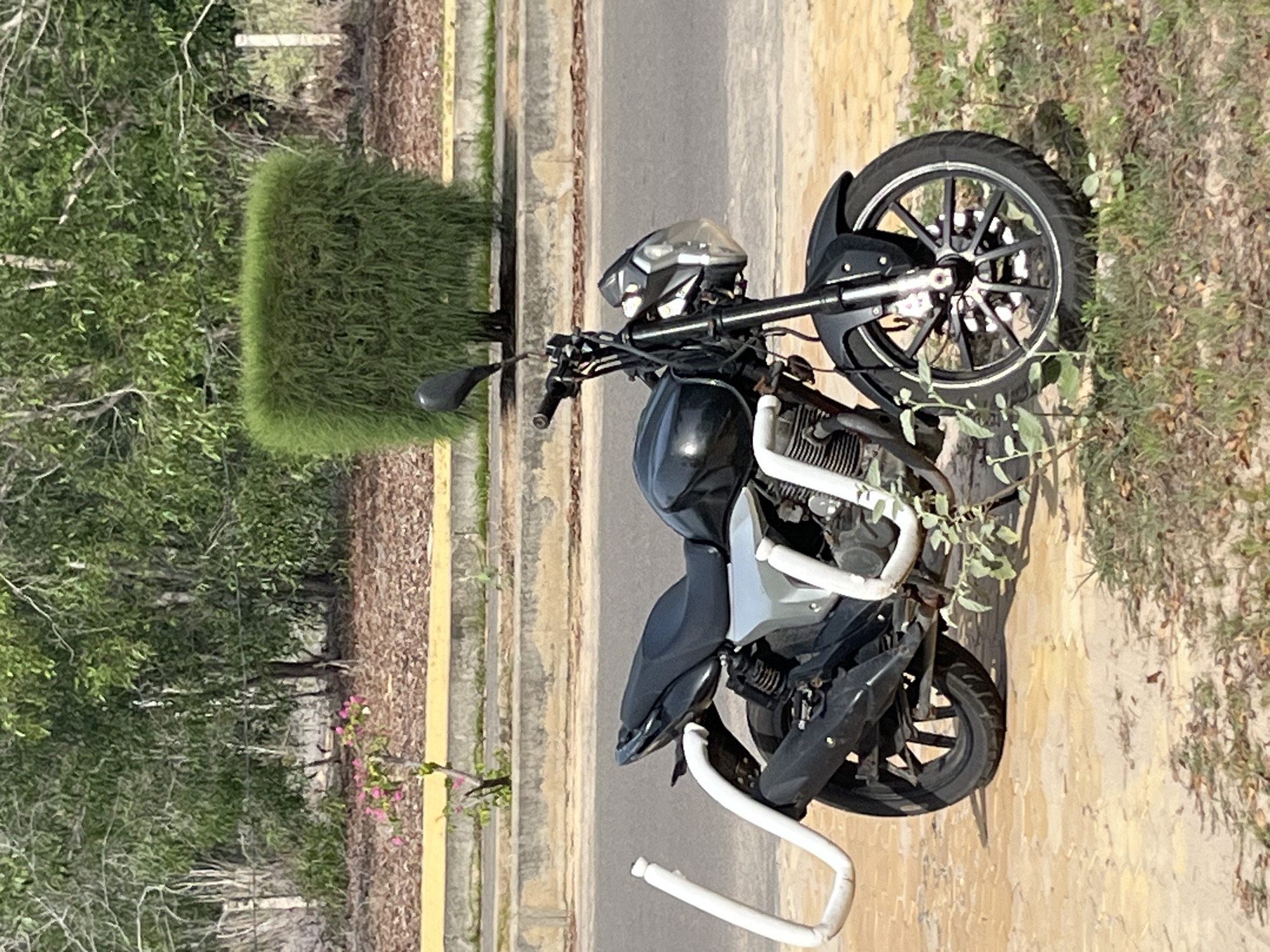 The image depicts a black motorcycle parked outdoors on a dirt and paved surface. The motorcycle is positioned diagonally, facing towards the right side of the frame, with its front wheel closer to the viewer. It has a black seat, silver and white accents on its body, and black wheels. A white U-shaped metal object, possibly a part of a parking rack, is attached to the rear of the motorcycle.
In the background, there is a paved road, a concrete curb, and a strip of dirt with sparse vegetation. Further back, a dense line of trees forms a backdrop, with a neatly trimmed green hedge visible to the right of the motorcycle. The lighting suggests it is daytime, with shadows cast by the motorcycle and surrounding elements. There are no people or animals visible in the scene. The overall environment appears to be an outdoor public space.