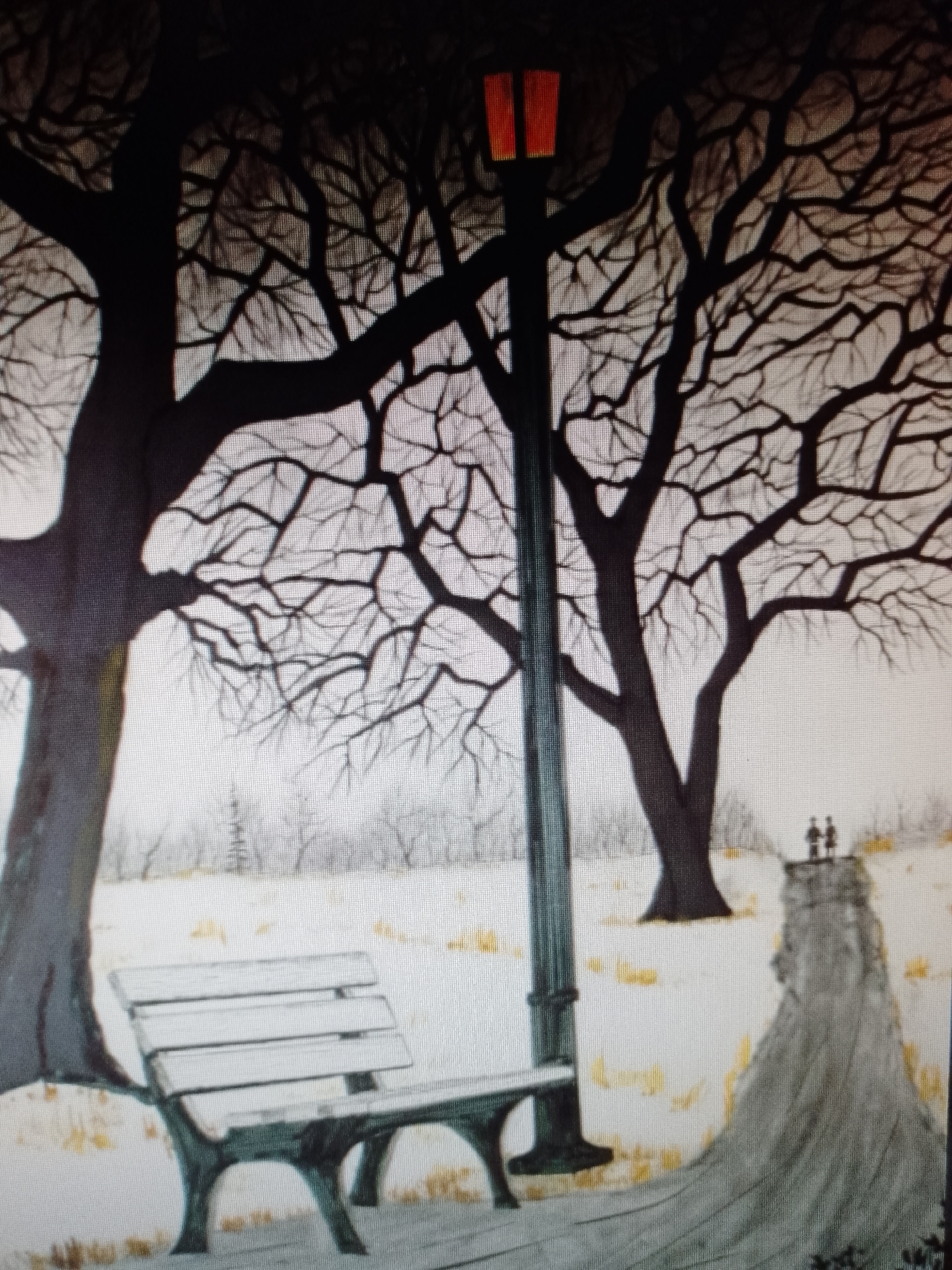 The image depicts a winter scene, possibly in a park or urban green space. Dominating the foreground are two large, bare trees with intricate branching patterns. A white park bench sits in the lower-left corner. A lamppost with a red top is centrally positioned. In the background, a snow-covered landscape with sparse trees is visible, and two small, silhouetted figures stand atop a rocky elevation. The scene creates a somber and desolate mood. Location: Unknown, Unknown.