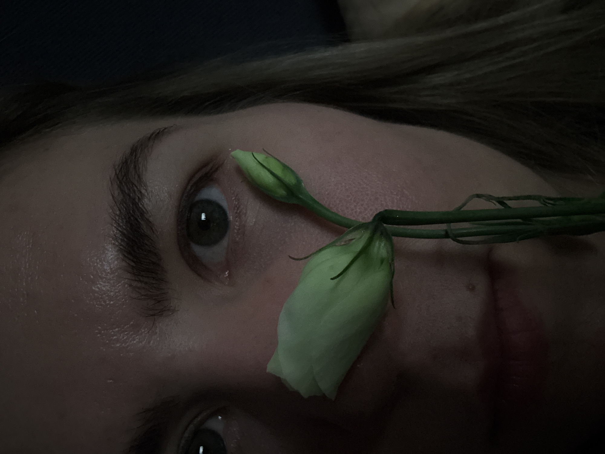 A close-up photograph shows a person's face with a flower. The individual has fair skin, visible eyebrows, and green eyes. A light-colored, unopened flower bud is positioned near their eye, with the stem extending across their face towards the mouth. The lighting is dim. No location is discernible.