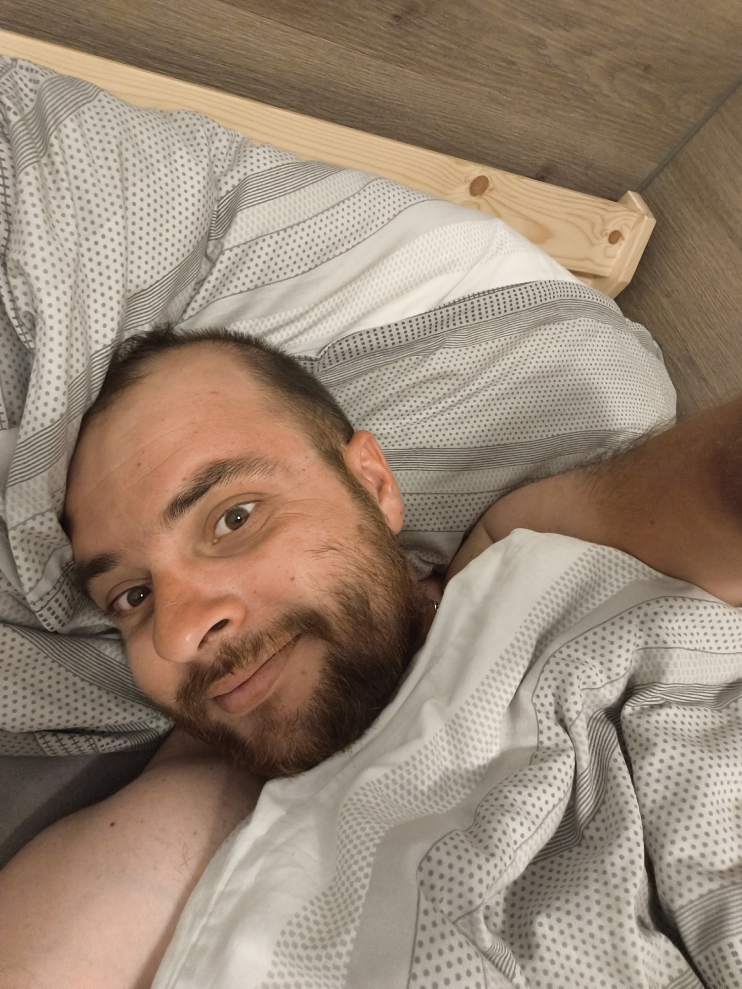 The image is a close-up, slightly angled selfie or portrait of an adult man lying in bed. He has short, dark, receding hair and a full brown beard. His light brown eyes are open, looking directly at the camera with a soft, friendly smile. He is partially covered by a light-colored duvet or blanket featuring a pattern of grey dots and horizontal stripes. His head rests on a matching pillow. Part of a light wooden bed frame or headboard, showing wood grain and knots, is visible behind his head. Further back, a dark wood-grained surface, possibly a wall or furniture, completes the indoor bedroom setting. The man's arms are bent, with one hand seemingly supporting his head or phone, and the other arm visible under the covers to the right. The overall impression is one of relaxation and comfort, likely in a home environment. There is no visible text in the image.