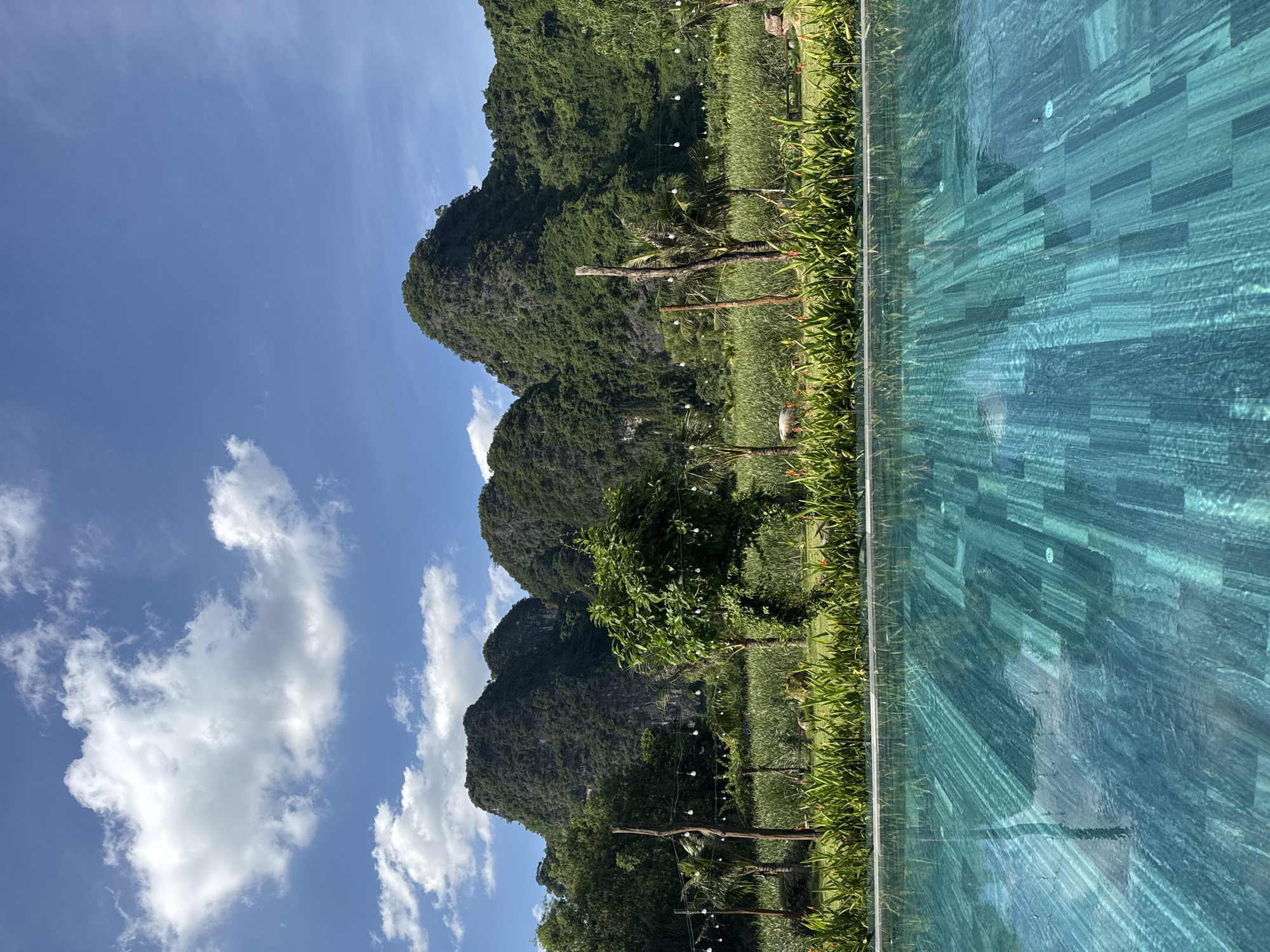 This is a full-shot, eye-level, vertical, outdoor photograph of a swimming pool overlooking a lush landscape with karst mountains in the background. The swimming pool occupies the foreground, its turquoise water reflecting the sky and surrounding greenery. The pool's tiled bottom has a textured, wood-grain pattern. Behind the pool is a manicured lawn with tall, green reeds and scattered orange flowers. Several thin wooden posts with strung white lights are visible, along with palm trees and a leafy tree in the middle ground. In the background, several large, verdant karst mountains rise against a bright blue sky with scattered white clouds. The scene depicts a serene natural setting, likely a resort or private residence, in Nam Hoa Lư Ward, Vietnam. There are no people present in the image.