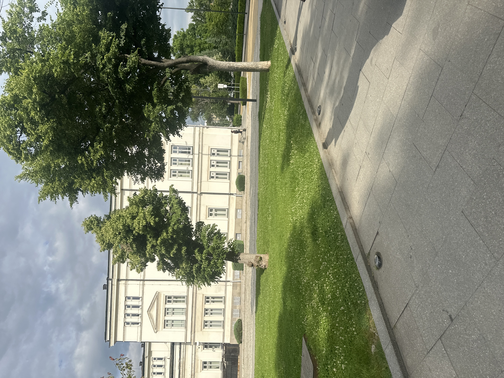 The image shows a building and sidewalk in Sofia, Bulgaria. The building is white with multiple windows and classical architectural details. Two trees stand on a green lawn in front of the building. A gray tiled sidewalk runs along the edge of the lawn. The sky is partly cloudy. There is nobody visible.