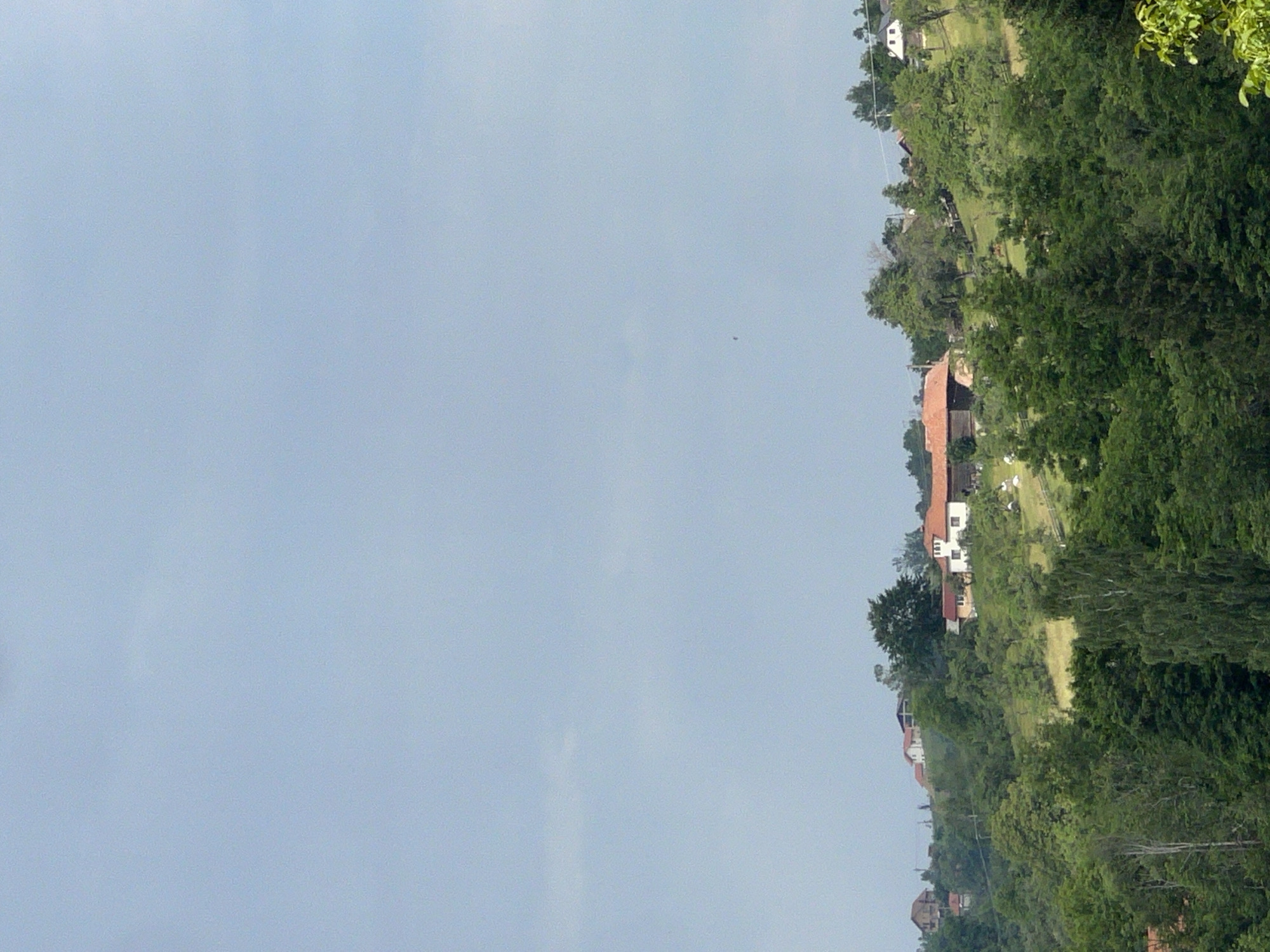 The image depicts a hillside dotted with houses and dense foliage. The scene is a rural landscape with a clear sky.
The subjects include several houses, some with red tile roofs and white walls, nestled among lush green trees. The setting is a hillside, suggesting a rural or semi-rural environment. The trees are abundant and appear to be in full leaf, indicating a warm season, likely summer or late spring.
There is no discernible activity or event taking place. The scene appears static, capturing a moment in time of the landscape.
Notable details include the architectural style of the houses, with their pitched roofs and visible windows. Power lines are also visible, stretching across the hillside and connecting the houses. The overall impression is one of a tranquil, possibly remote, residential area. The time of day appears to be daytime, given the brightness of the sky and the visible details. The weather seems clear and fair, with no indication of rain or storms. There is no visible text in the image.