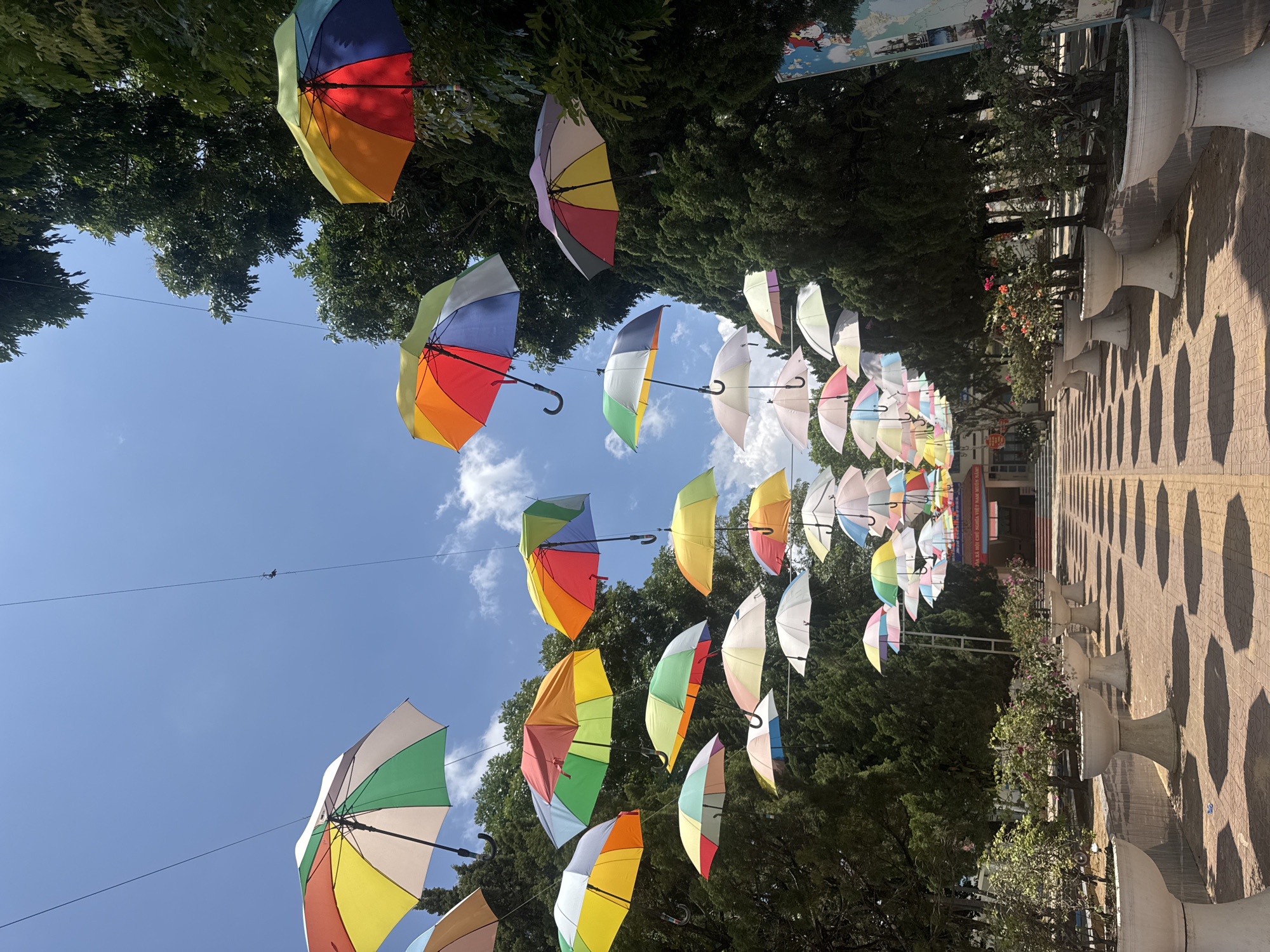 A street in Bờ Y, Vietnam, is decorated with a series of colorful, open umbrellas suspended overhead. The umbrellas create a shaded walkway, with trees and foliage visible along the sides. A row of concrete planters lines the edge of the walkway, casting shadows on the ground. In the background, buildings and signs are visible. The sky is blue with scattered clouds.