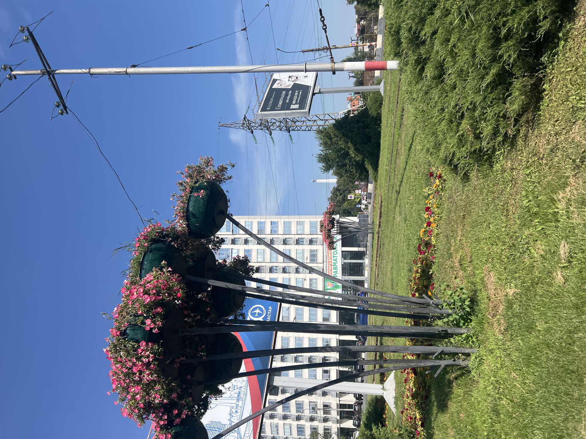 The image depicts a sunny day in Ulyanovsk, Russia, featuring a street scene with abundant greenery and urban elements. In the foreground, a cluster of tall, dark metal posts supports large green hanging baskets overflowing with vibrant pink flowers. Surrounding these floral displays is a well-maintained lawn dotted with smaller flower beds showcasing red and yellow blooms. To the left of the hanging baskets, a portion of a modern, multi-story building is visible, adorned with blue and white signage. Beyond the building, an electric power line pylon towers against the clear blue sky, accompanied by a large billboard advertising a dental clinic. In the middle ground, a paved area, likely a road or sidewalk, is visible with several parked cars. Further in the background, more trees and buildings suggest a suburban or city outskirts environment. The overall impression is one of urban landscaping with a focus on decorative floral arrangements, set against a backdrop of typical city infrastructure.