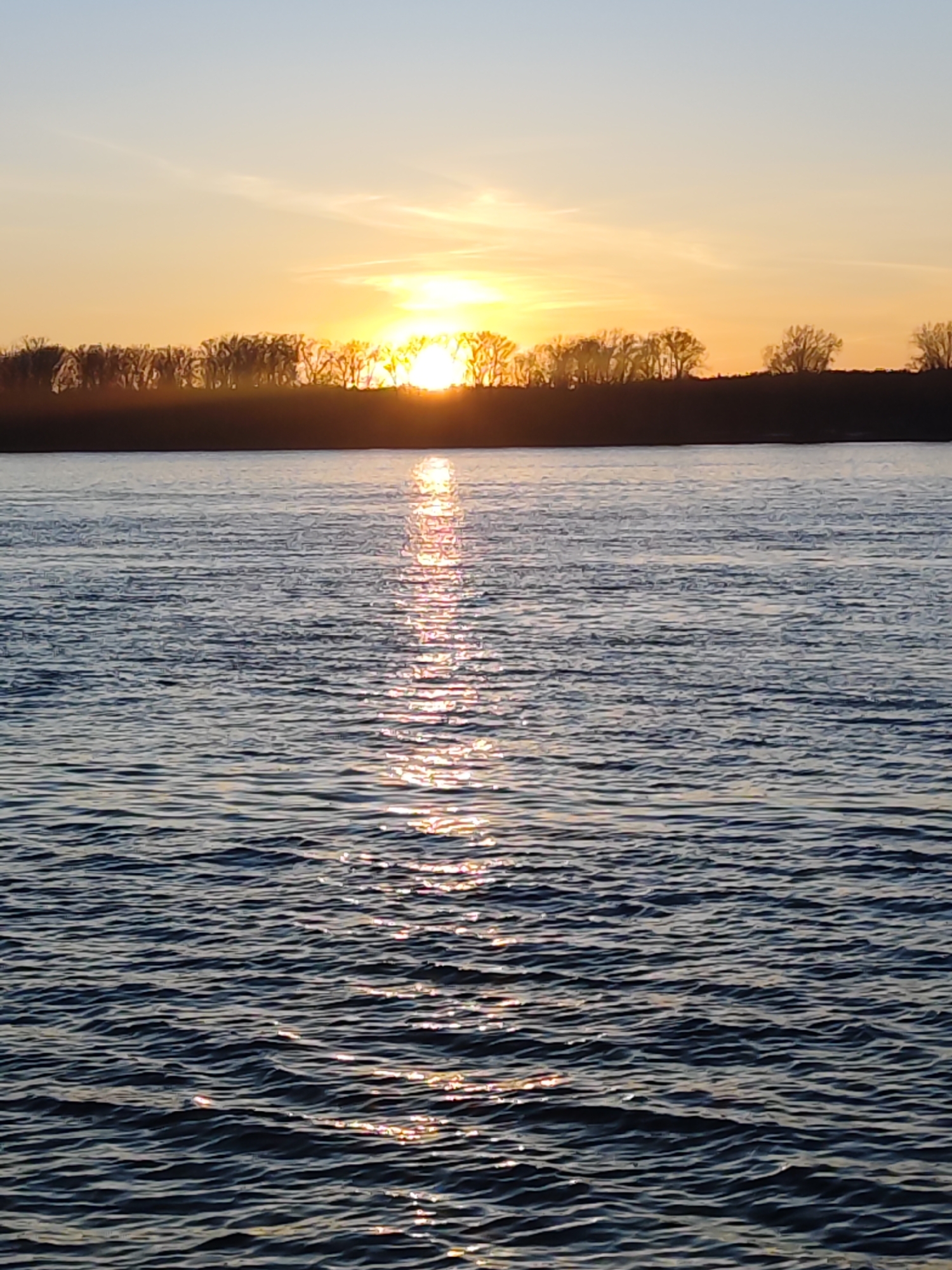 The image depicts a sunset over a body of water, likely a river or lake. The sun is positioned low on the horizon, partially obscured by a line of trees silhouetted against the bright sky. The sunlight reflects off the water's surface, creating a shimmering effect. The scene appears tranquil and serene. The image does not appear to be related to any city named "Noviy, Russia". The location and city cannot be verified.