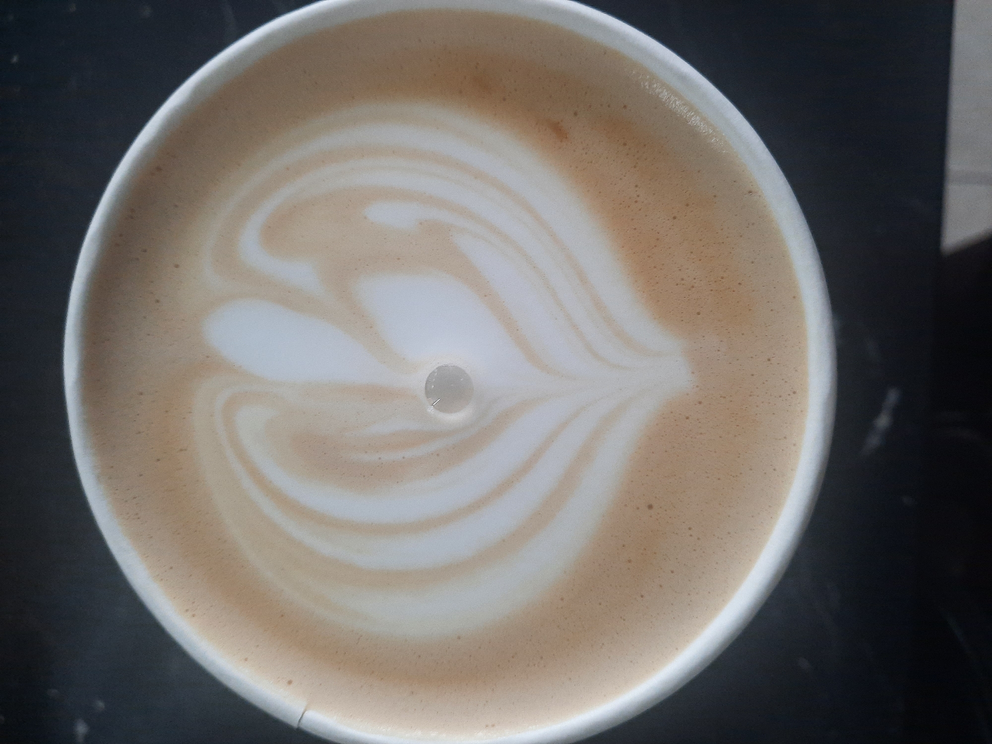 A close-up, top-down view of a latte art design in a white paper cup. The art features a symmetrical pattern resembling a heart or swan, created by pouring steamed milk into espresso. The foam is a light brown, with white milk swirls forming the design. A single bubble sits at the center of the design. The cup is positioned on a dark, textured surface, likely a table. No people or further environmental context are visible.
