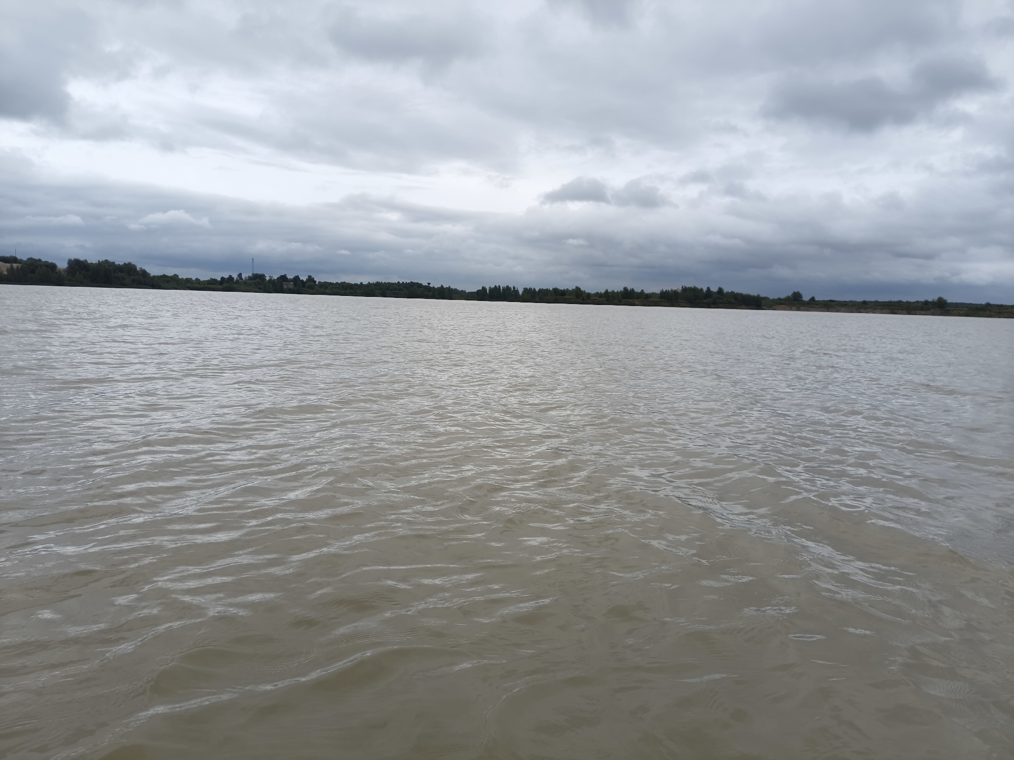 The image depicts a wide expanse of murky, rippled water, likely a lake or river, under an overcast sky filled with heavy, grey clouds. The water occupies the majority of the frame, reflecting the dull light. The far shore is visible as a distant, dark line of trees and vegetation, with a few indistinct structures or man-made elements, possibly including a telecommunication tower, interspersed among the foliage. The overall impression is one of a somber and somewhat desolate landscape, typical of a cloudy day. The image is a landscape photograph taken from the water's surface.