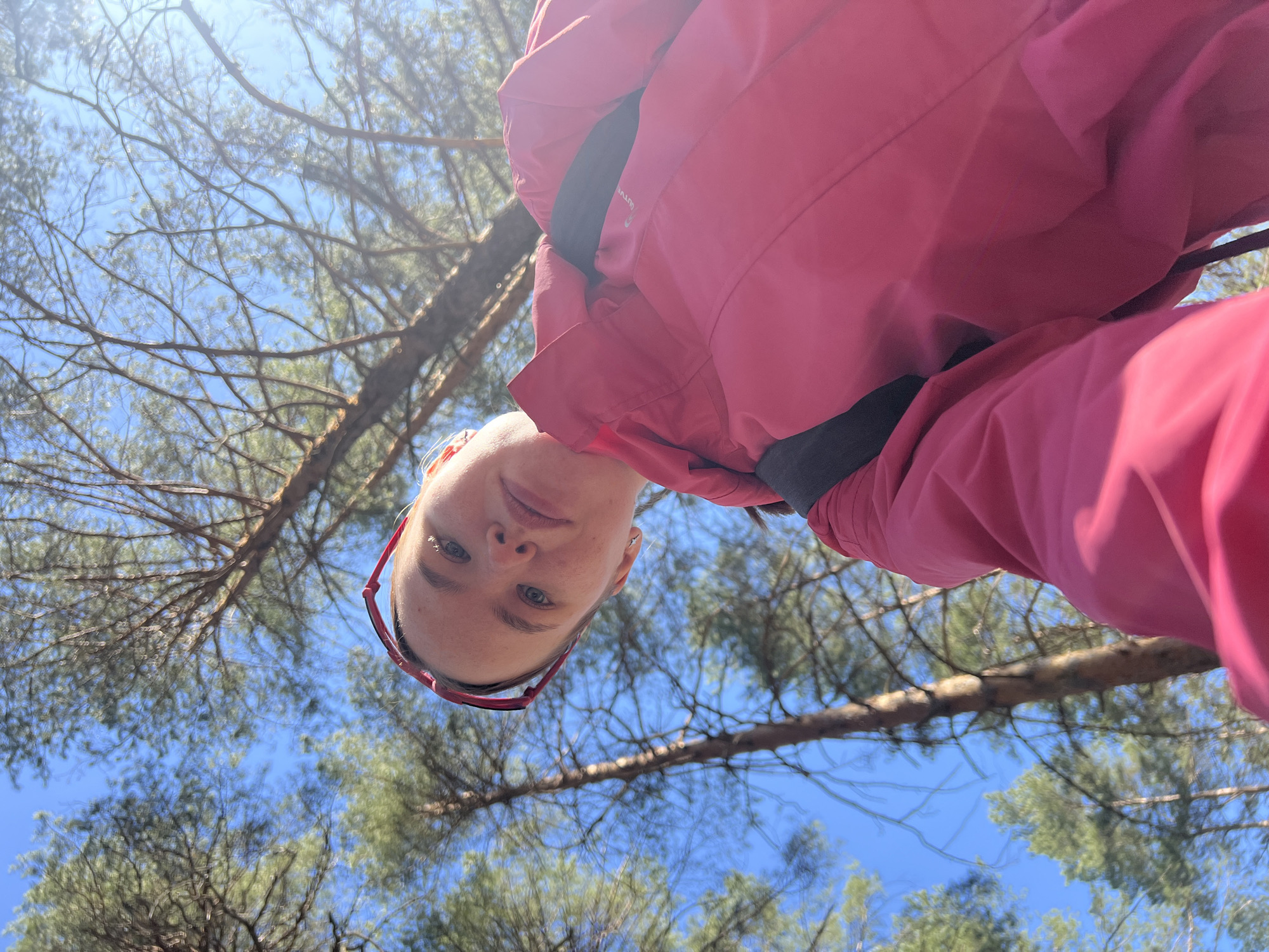 A low-angle, upward-facing shot shows a person with fair skin, light eyes, and light hair, wearing red-framed glasses. The person is also wearing a red jacket and appears to be outdoors. Above and around the person are tree branches with green needles against a blue sky. The location is likely a wooded area within or near the city of Perm, Russia, based on the observed coniferous trees.
