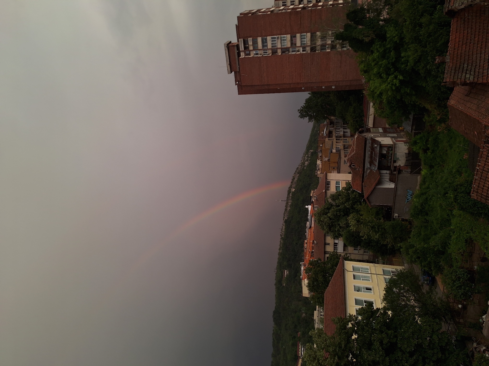The image captures a dramatic sky over the city of Lovech, Bulgaria, with a faint rainbow arcing across the dark, stormy clouds. The cityscape below is a mix of residential buildings and greenery. In the foreground, several rooftops with red tiles are visible. Behind them, a yellow building with white-framed windows stands out, surrounded by lush green trees. Further back, a tall, brick apartment building with numerous windows dominates the right side of the frame. The background features a forested hill, a common natural feature in Lovech, with the dark storm clouds creating a stark contrast with the emerging rainbow. The overall atmosphere suggests a recent or impending rain shower. There are no people or animals visible in the image.