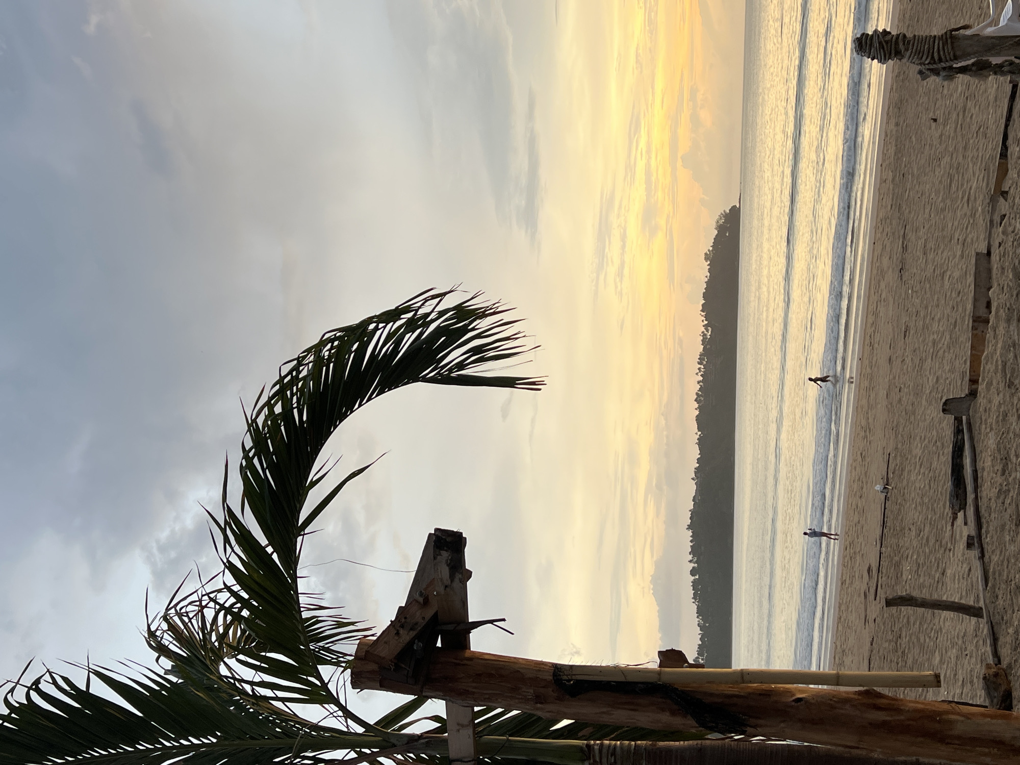 A beach scene at dusk, location unknown. Palm fronds are visible in the foreground, left of center. Wooden structures are present, partially obscuring the beach. A shoreline stretches into the distance, with a forested landmass on the horizon. Two individuals are seen on the beach. The sky is overcast with yellow and grey tones.
