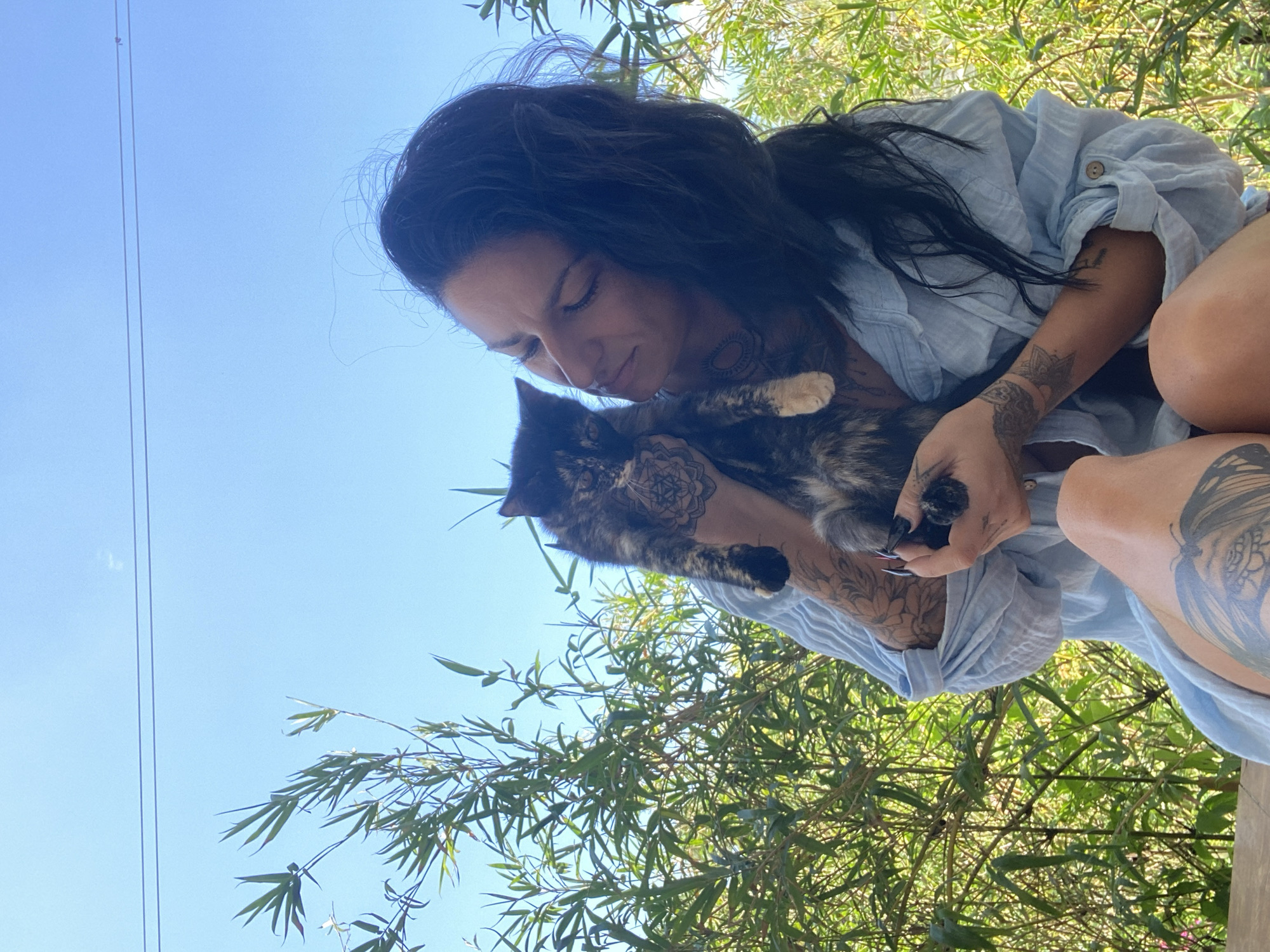 A woman with dark hair and numerous tattoos is holding a tortoiseshell cat outdoors. The background includes green foliage and a clear blue sky. Electrical wires are also visible in the sky. The setting appears to be a natural environment with dense vegetation. The location is Mũi Né, Vietnam.