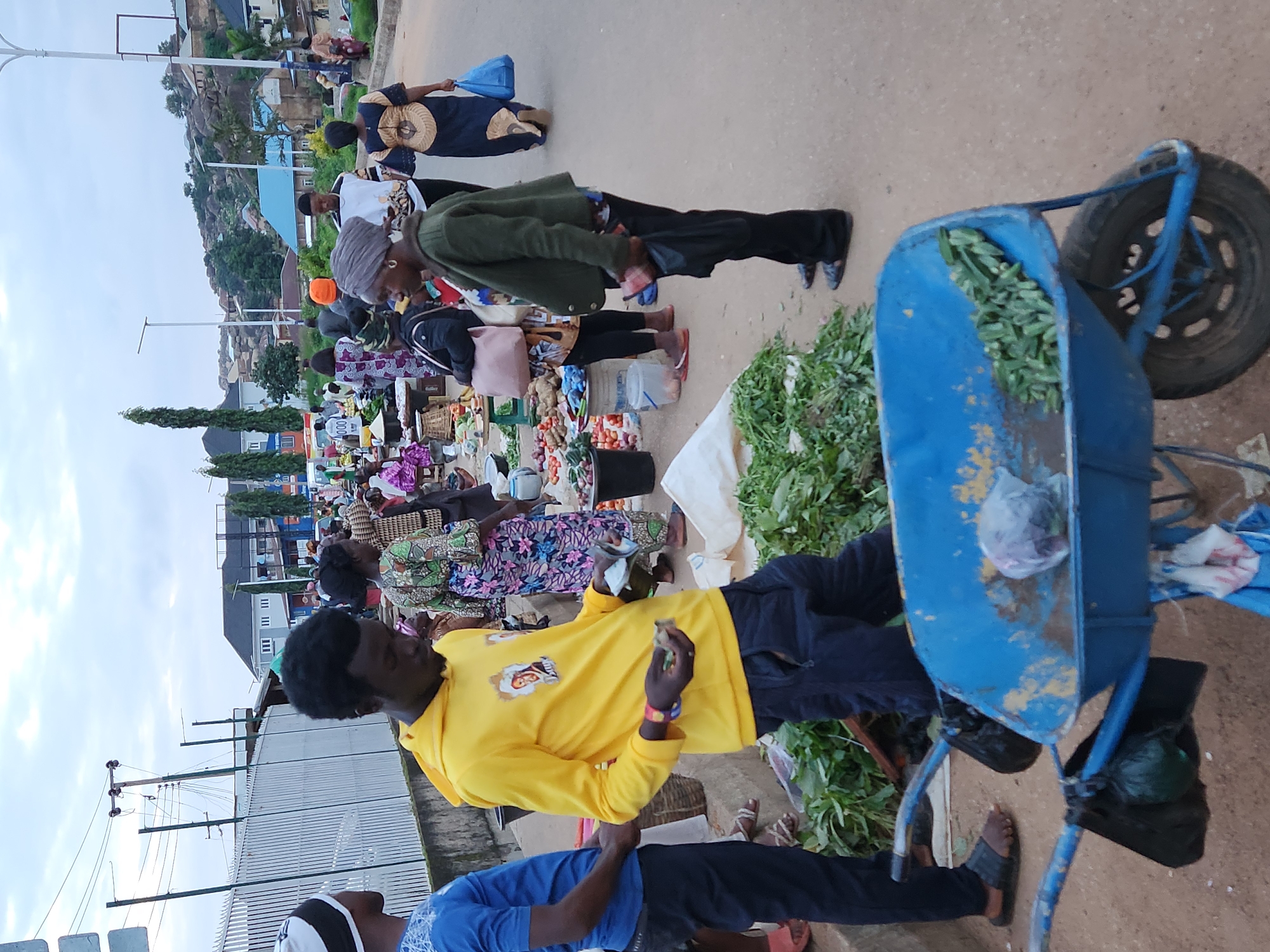 The image depicts a bustling outdoor market scene in Kabong, Nigeria. The time of day appears to be late afternoon or early evening, with diffused light and a cloudy sky. A variety of people, dressed in casual clothing and traditional attire, are browsing and interacting in the market. Stalls are laden with fresh produce, including leafy green vegetables, tomatoes, and onions, arranged on the ground, in baskets, and on tables. A prominent blue wheelbarrow filled with okra is positioned in the foreground, with two black plastic bags hanging from its handles. A young man in a yellow hoodie is holding money and appears to be making a transaction, while another person in a green jacket is standing nearby. In the background, buildings, hilly terrain, and a street lined with vehicles suggest an urban setting. Electrical poles and wires are visible overhead, indicating the presence of infrastructure. The overall atmosphere is one of lively commerce and community activity.