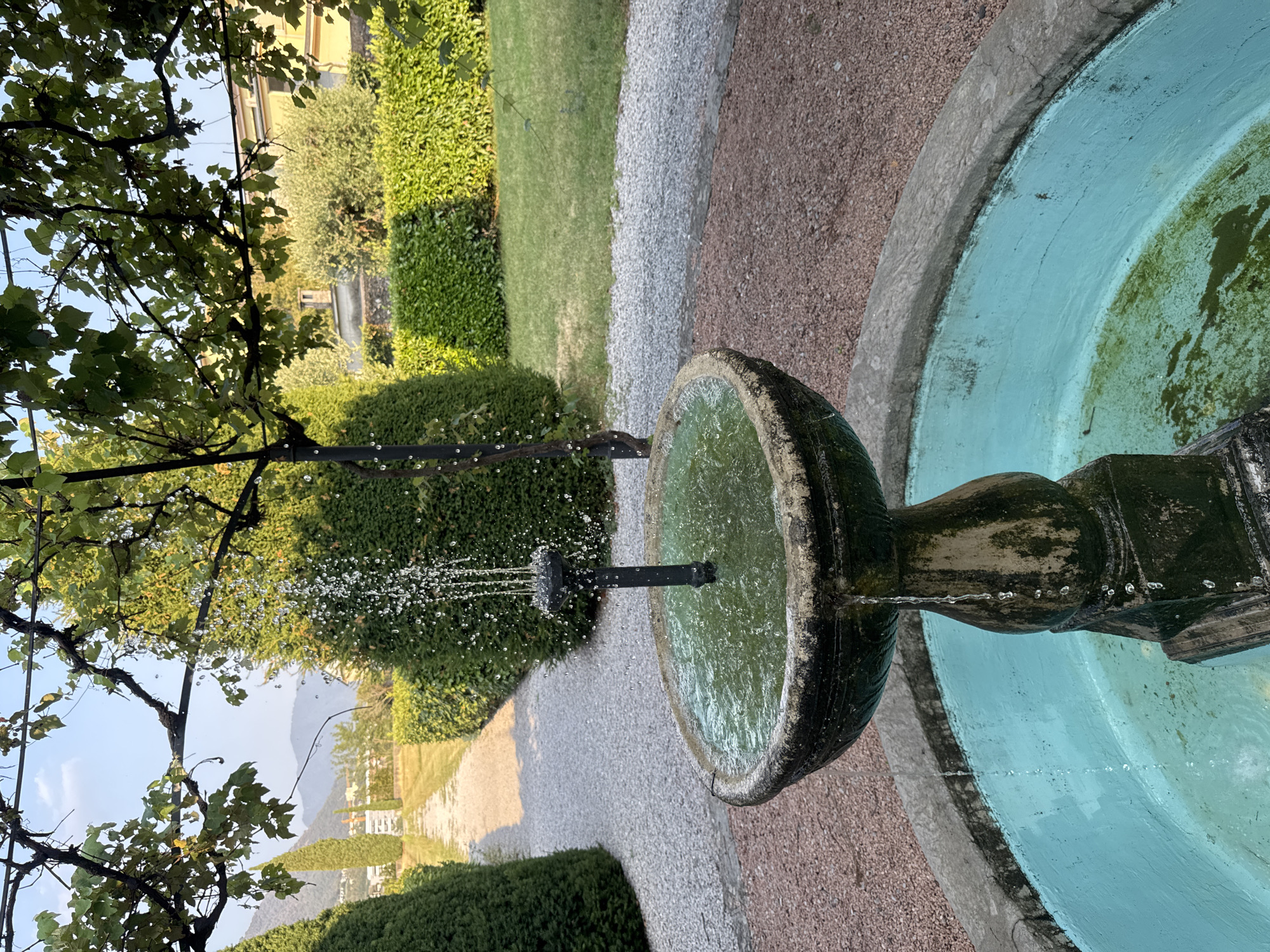 A sunlit outdoor scene in Balerna, Switzerland, features a decorative fountain as the foreground subject. The fountain, constructed from weathered stone, has a basin filled with greenish water, from which a thin stream of water sprays upwards. The fountain's base is submerged in a larger, turquoise-colored pool. Surrounding the fountain, a path made of gravel is visible, bordered by meticulously trimmed green hedges and manicured lawns. In the background, cypress trees stand tall, and beyond them, buildings and a distant mountainous landscape under a clear sky complete the serene environment.