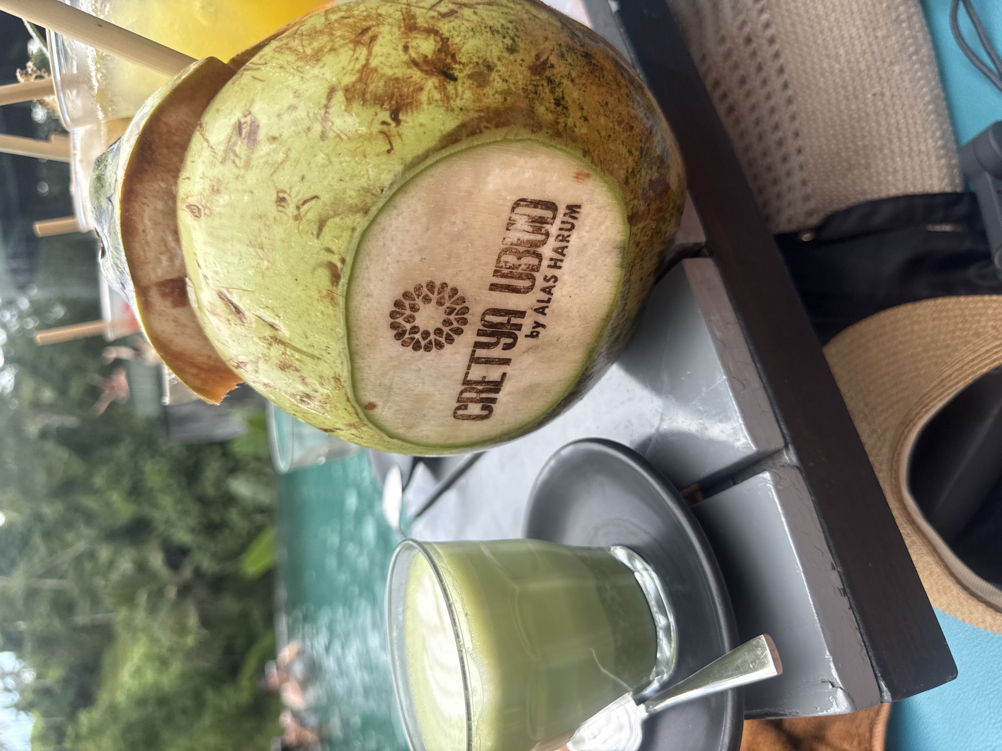 This image captures a vibrant poolside scene, likely at a resort or cafe, in Tegallalang, Indonesia. The main subjects in the foreground are two drinks resting on a dark grey table. A prominent feature is a green coconut, partly husked, with the text "CRETYA UBUD by ALAS HARUM" and a circular logo branded onto its surface. Behind it, a yellow or orange beverage with a bamboo straw is partially visible.
Next to the coconut, a glass cup contains a light green, frothy drink, possibly a matcha latte, served on a dark saucer with a silver spoon. The table extends across the frame, and to the right, a light-colored woven hat and part of a black bag are visible, suggesting personal belongings.
The background reveals a bright blue swimming pool with several people enjoying the water, indicating a leisure or recreational setting. Beyond the pool, lush green trees and tropical foliage complete the serene and natural backdrop. The lighting suggests it is daytime with good weather, contributing to an overall relaxed and vacation-like atmosphere. The visible text directly points to "Cretya Ubud" and "Alas Harum," establishments known to be in the Ubud/Tegallalang area, reinforcing the location context.