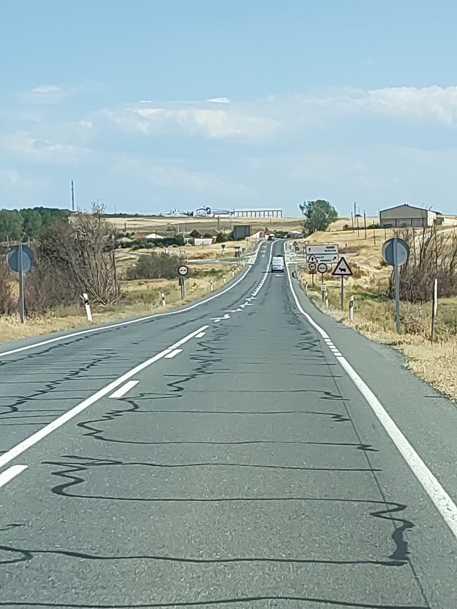 This is an eye-level, full shot of a road in the municipality of Santa María la Real de Nieva, Spain, on a clear, sunny day with scattered clouds. The road curves to the left and ascends into the distance. On the right side of the road, there are several traffic signs, including a circular sign with a red border and a horizontal line, indicating a prohibition, and a triangular sign with a silhouette of an animal, likely a farm animal, suggesting a warning. Further down the road on the right, a rectangular building with a dark roof and a light-colored facade is visible, appearing to be a rural structure or warehouse. On the left side of the road, a round blue sign with a horizontal white bar is present. The landscape is dry and arid, with sparse vegetation and some trees along the roadside. In the distance, there are more rural buildings and structures, including what appears to be a large, long, covered agricultural building or a similar facility. A white van is driving on the road in the distance, heading away from the camera. The road surface shows some dark, irregular markings, possibly repairs or reflections.