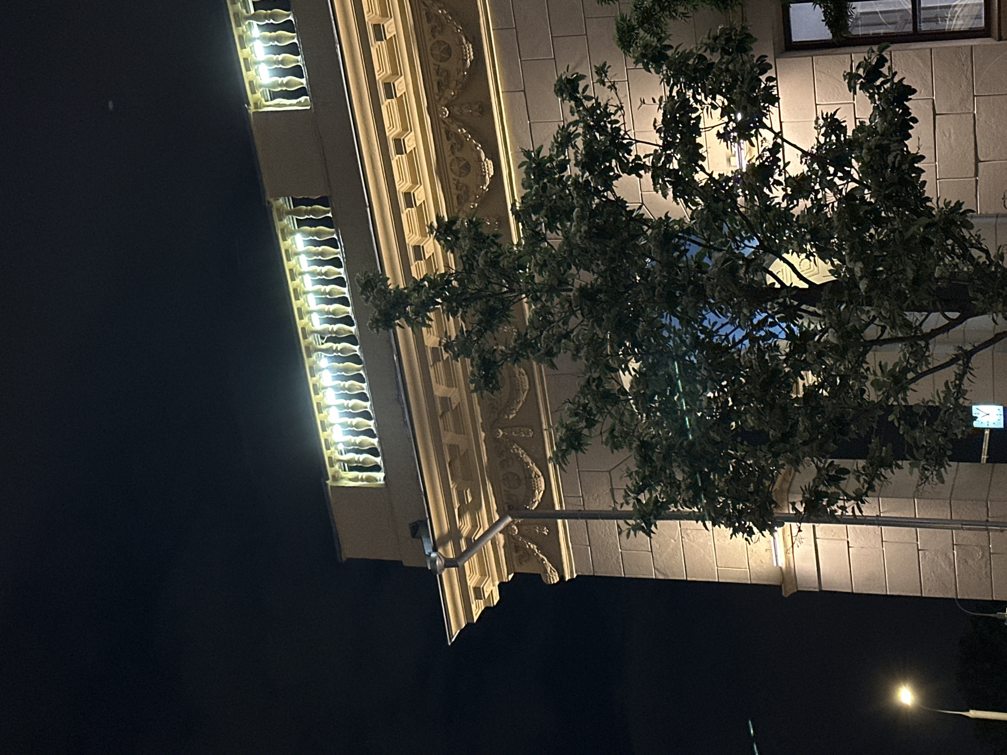 The image depicts a building exterior at night in Moscow, Russia. The building has ornate architectural details, including decorative moldings and illuminated window grilles. A tree obscures some of the facade. Streetlights and signage are also present.