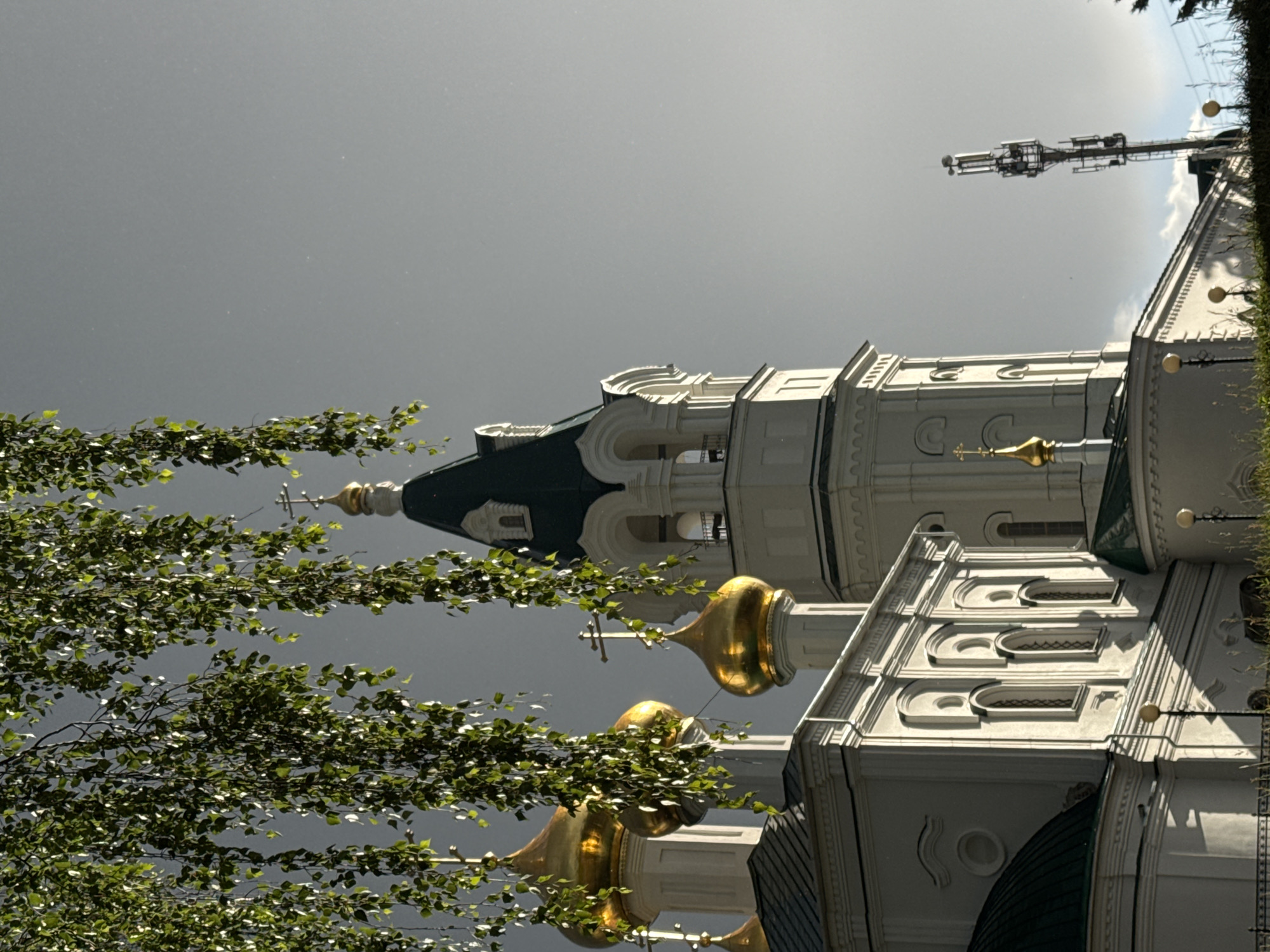 The media file captures an upward-angle view of a white domed church with gold accents and a green roof. The church's architecture is ornate, featuring arched windows and decorative molding. In the foreground, a tree with vibrant green leaves partially obscures the view of the church, its branches reaching across the frame.
The sky is overcast, suggesting a cloudy or possibly rainy day. In the background, a telecommunications tower is visible, extending above the church structure. The image appears to be a reflection, possibly from water, as the church and trees are mirrored in the lower portion of the frame, though the reflection is slightly distorted. The lighting is diffused, indicating it is likely daytime, though the specific time is not clearly discernible. There is no visible text in the media file. The overall mood is serene, with the natural elements of the tree juxtaposed against the grand religious architecture. The location is identified as Nizhny Novgorod, Russia.