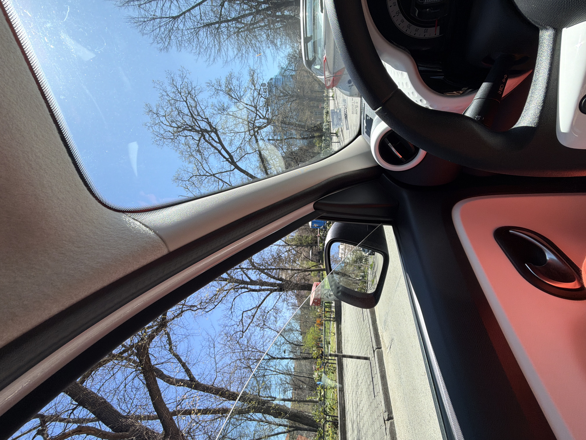 The image is taken from inside a car, likely in Sofia, Bulgaria, looking out towards a street with trees and a blue sky. The street appears to be lined with parked cars and possibly some buildings in the distance. The side mirror of the car reflects a scene of a park. The interior of the car is visible, including the steering wheel, dashboard, and door. The time of day appears to be daytime.