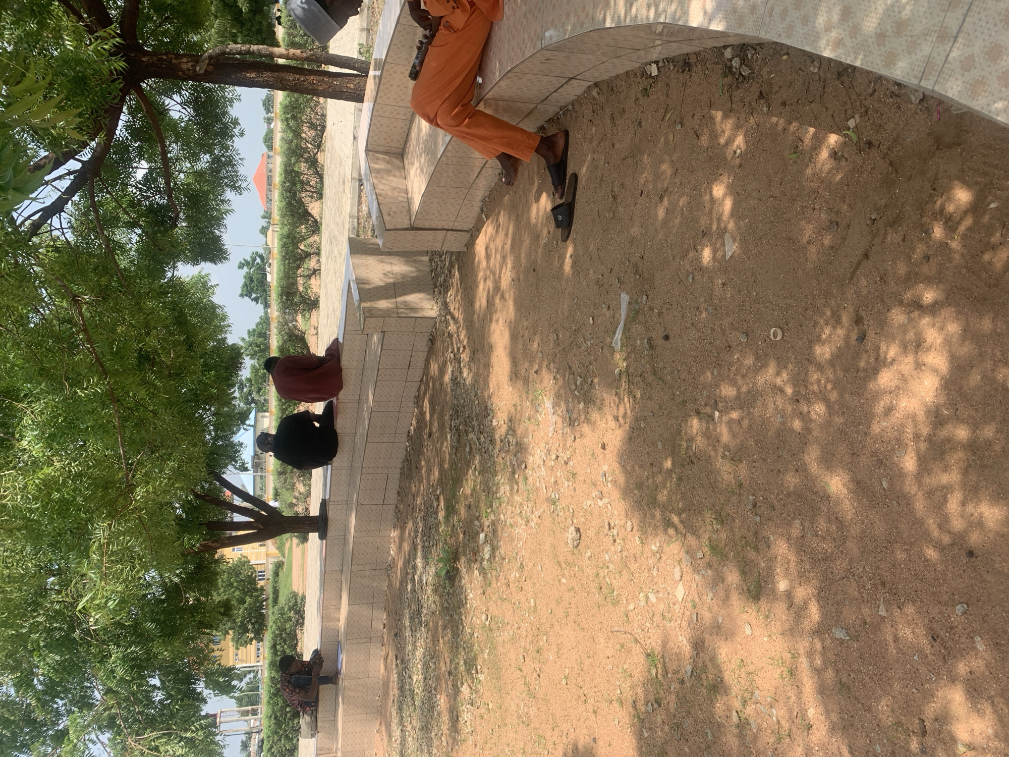 Four individuals are seated on a curved, tiled bench in an outdoor environment. The bench is situated in front of a sandy area with scattered pebbles and sparse vegetation, shaded by the dense foliage of a large tree. In the background, buildings and more trees are visible, suggesting an urban or semi-urban setting.
Specifically, the scene is located in Jalingo, Nigeria. The individual on the far left, partially visible, is wearing a patterned shirt and appears to be looking down at something on the bench in front of them, possibly a book or papers. Next to them, a person in a dark garment is seated facing away from the camera. To their right, another individual in a maroon garment is also seated facing away. On the right side of the bench, a person dressed in bright orange trousers and a grey cap is seated, holding a dark object, possibly a phone, in their right hand. A pair of black sandals rests on the sandy ground near this person. The lighting suggests it is daytime, with strong sunlight casting shadows from the tree.