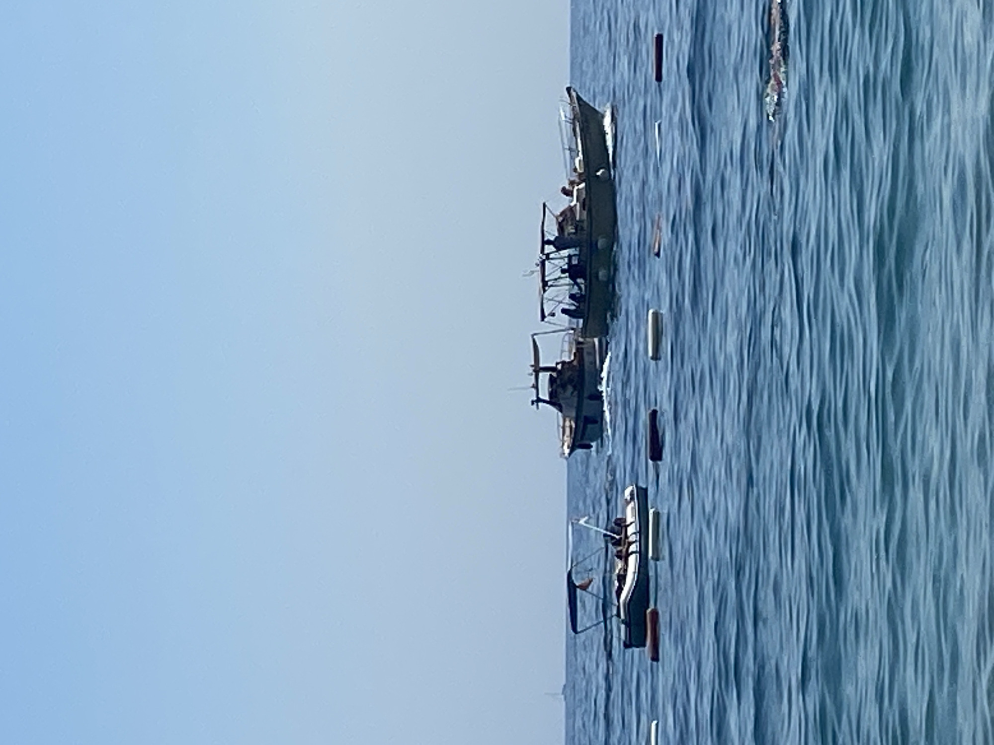 The image captures a bright, clear day at sea near Prijevor, Montenegro. The sky is a pale, cloudless blue. The water is a deep, tranquil blue with gentle waves, suggesting a calm sea.
In the foreground, a line of buoys, some white and some reddish-brown, are visible floating on the surface of the water. These buoys appear to mark a boundary, possibly for swimming or boat access.
Further out in the water, there are three boats. The closest boat to the left is a smaller, inflatable dinghy with a canopy providing shade. It appears to have at least two people seated inside, and it is surrounded by several buoys. To the right of this dinghy are two larger motorboats. The boat in the middle is partially obscured by the boat to its right, but it also appears to have a canopy and several people onboard. The motorboat on the far right is larger and more prominent, with a darker hull and a cabin structure. This boat also carries multiple individuals. All three boats are moving through the water, leaving faint wakes behind them. In the far distance, a solitary sailboat is visible on the horizon. The overall scene evokes a peaceful, summery atmosphere.