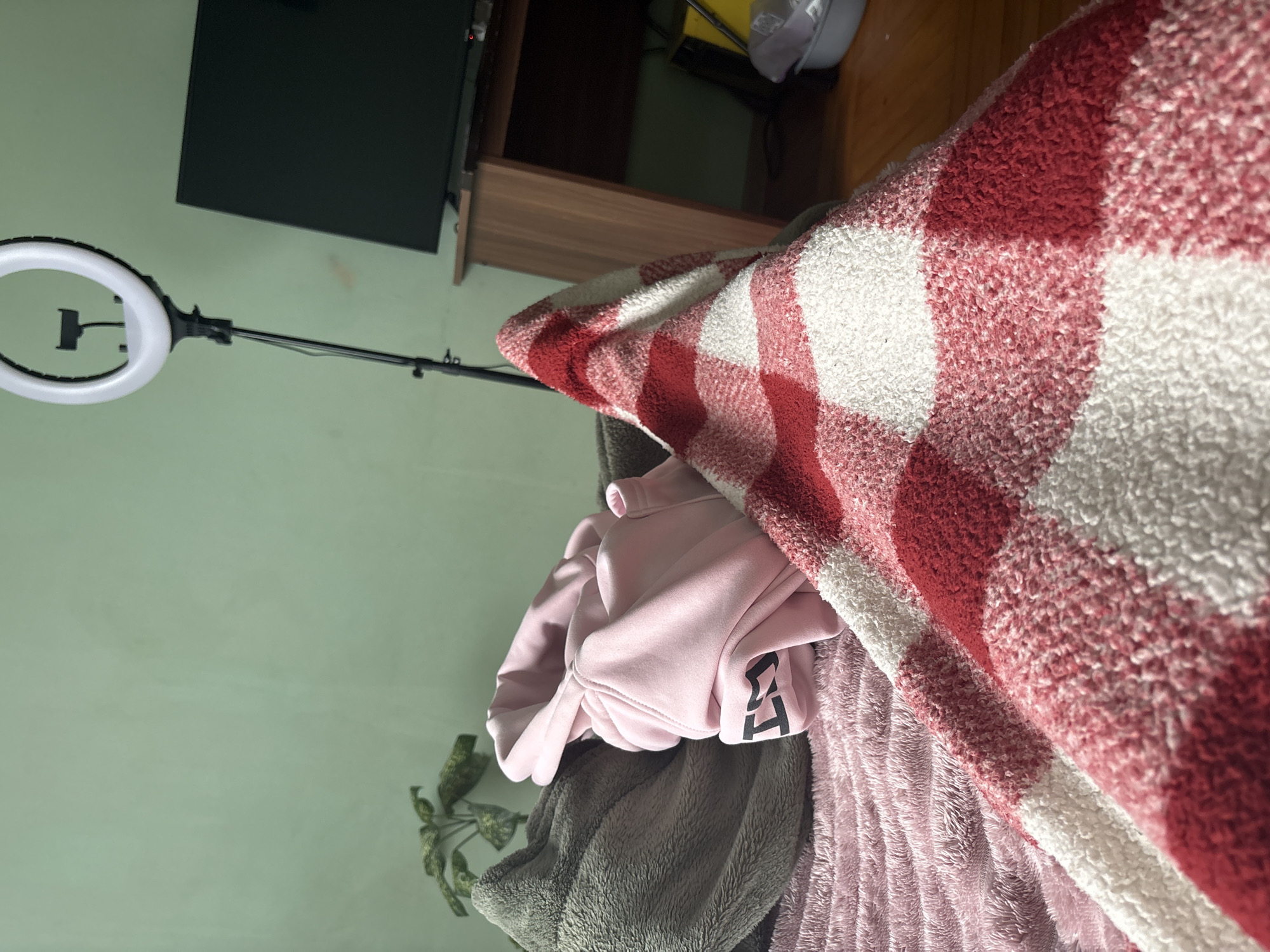 The image shows a room interior with a ring light on a stand in the lower left corner. A television is mounted on a wooden stand against a light green wall. In the foreground, there's a pile of blankets, including a red and white checkered fuzzy blanket, a pink fuzzy blanket, and a gray fuzzy blanket. A pink hoodie is also part of the pile. A small plant is visible in the bottom left corner, partially obscured by the blankets. The location is indicated as Unknown, Russia.