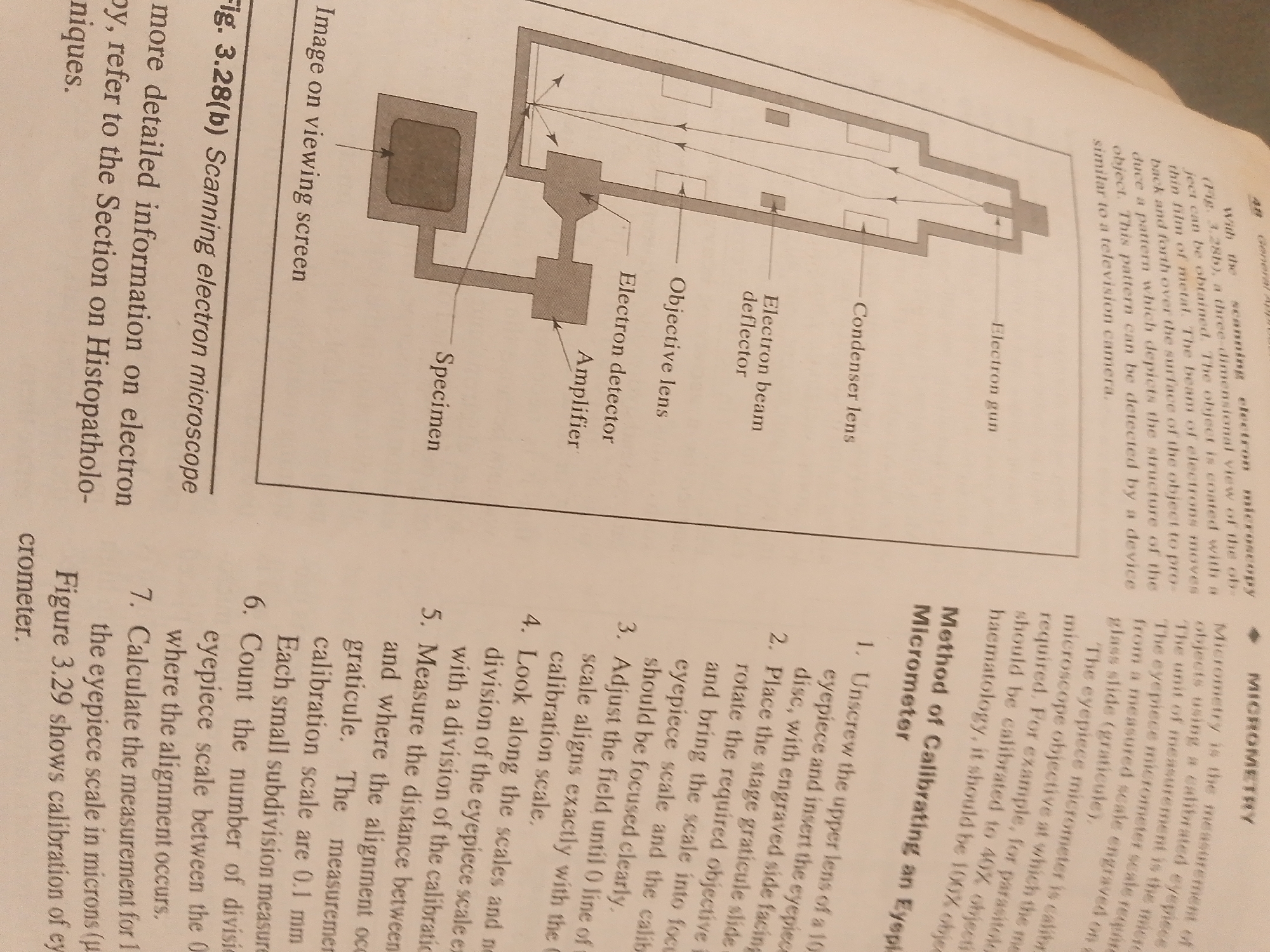 This media file contains a photograph of a page from a textbook, likely on microscopy. The page is primarily text with a diagram illustrating a scanning electron microscope.
The diagram, labeled "Fig. 3.28(b) Scanning electron microscope," shows the key components of the instrument, including the electron gun, condenser lens, electron beam deflector, objective lens, electron detector, amplifier, and specimen stage. An "Image on viewing screen" is also depicted.
To the left of the diagram, there is descriptive text explaining the function of a scanning electron microscope and referencing "Histopathology techniques."
To the right of the diagram, there is a section titled "MICROMETRY" with a subheading "Method of Calibrating an Eyepiece Micrometer." This section provides a numbered, step-by-step procedure for calibrating a microscope's eyepiece, detailing how to use a stage graticule for accurate measurements. The text also mentions the unit of measurement being the "micrometer" and discusses calibration for different objectives like "40X objective" and "100% objective."
The page is from a printed publication, indicated by the page number "48" at the top right. The lighting suggests it is an indoor photograph, likely taken with a flash or good ambient light. The overall setting is that of a study or library environment where such textbooks would be found. There are no people or explicit location cues in the image beyond the content of the textbook itself.