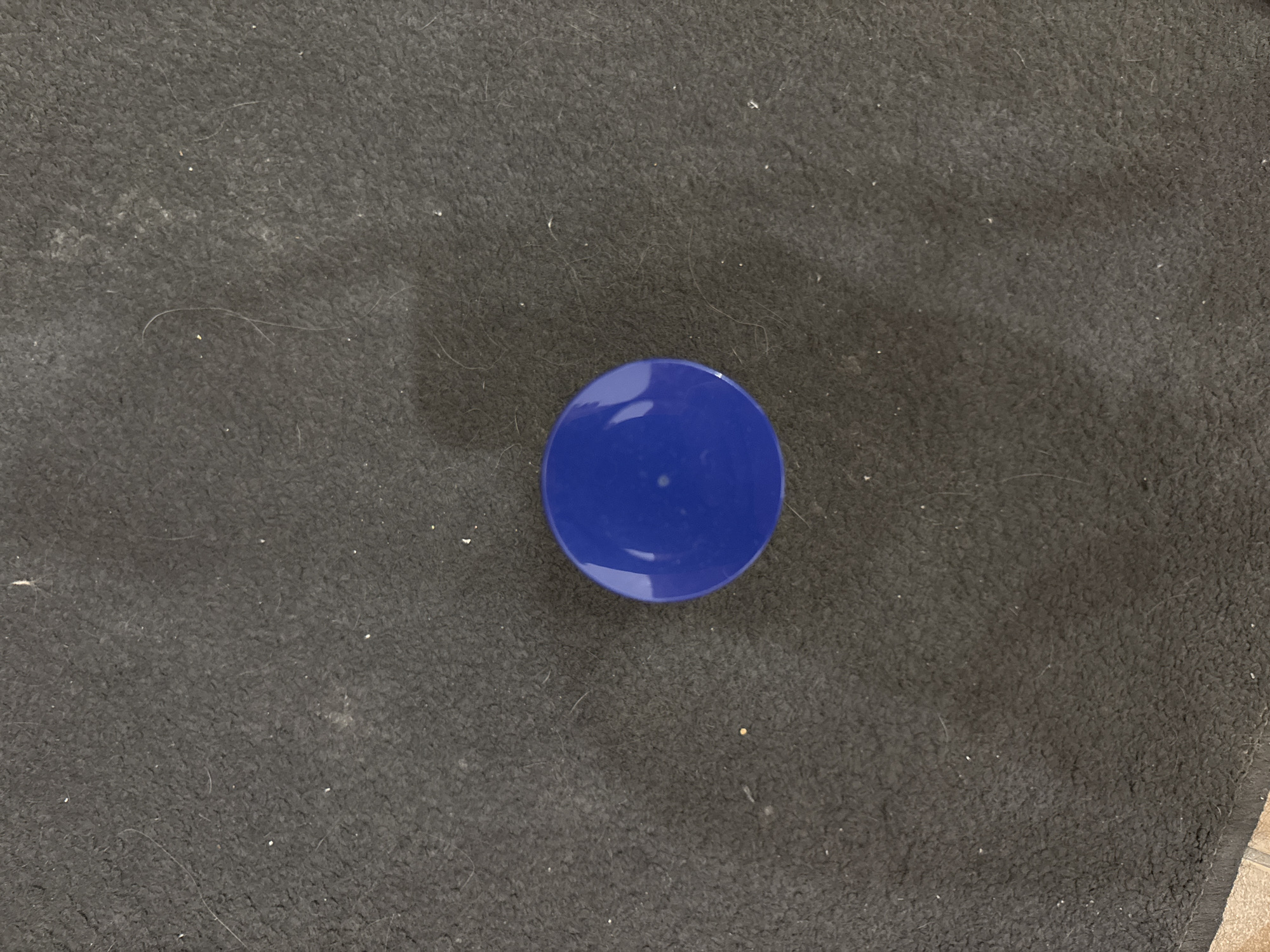 The image displays a single, circular object, which appears to be a glossy, deep blue plastic cap or lid. This object is positioned slightly off-center, towards the bottom middle, on a dark, textured surface.
The surface beneath the object is a charcoal grey or black, resembling a carpet or mat with a somewhat matted and rough texture. Numerous small white specks, likely dust or lint, are scattered across this surface. Several longer, lighter-colored strands, possibly hair or fibers, are also visible, particularly around the edges of the blue object and extending into the background. The blue object itself is reflective, showing a distinct white highlight on its top surface, indicating a light source from above.
No specific activity or event is taking place; it is a static, overhead shot of the object on the surface. There are no people visible, and no discernible text. The overall lighting is even, suggesting an indoor setting, though no specific time of day or other environmental cues are evident. The provided location of Saint Petersburg, Russia, is not identifiable from the visual information within the image.