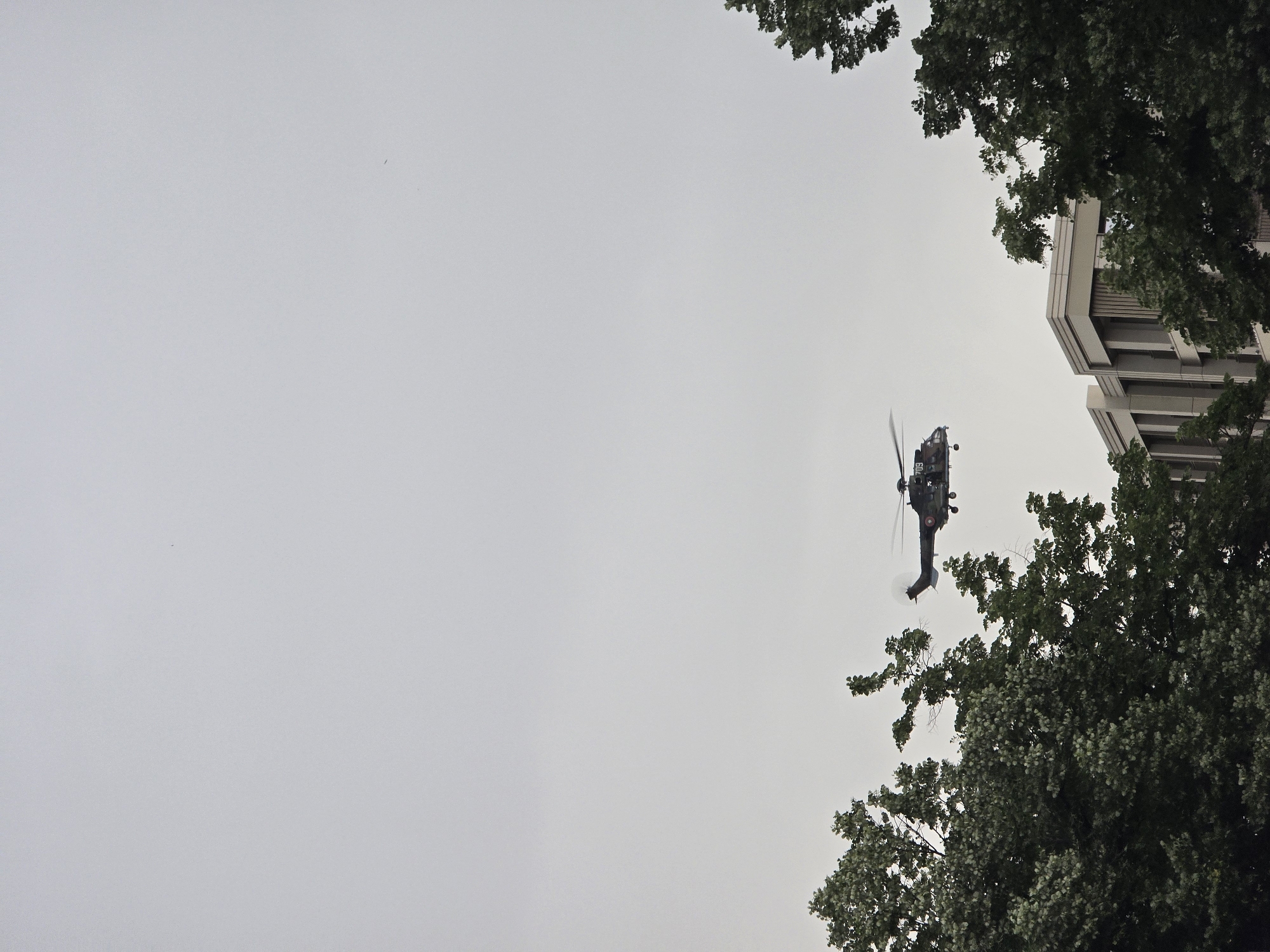 A helicopter is flying against a gray sky framed by trees and a building in an urban environment. The helicopter is dark in color with a visible tail rotor and markings. The building is a multi-story structure with a modern architectural design. The trees are dense and partially obscure the view of the building and helicopter.