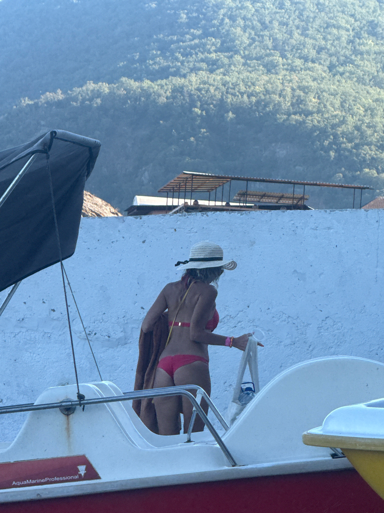 A woman in a pink bikini and a straw hat stands on a white boat in front of a textured blue wall. She is holding a white plastic bag. A brown towel is draped over her left shoulder. In the background, a lush green hillside with sparse structures is visible. The boat has the words "AquaMarine Professional" written on its red hull.