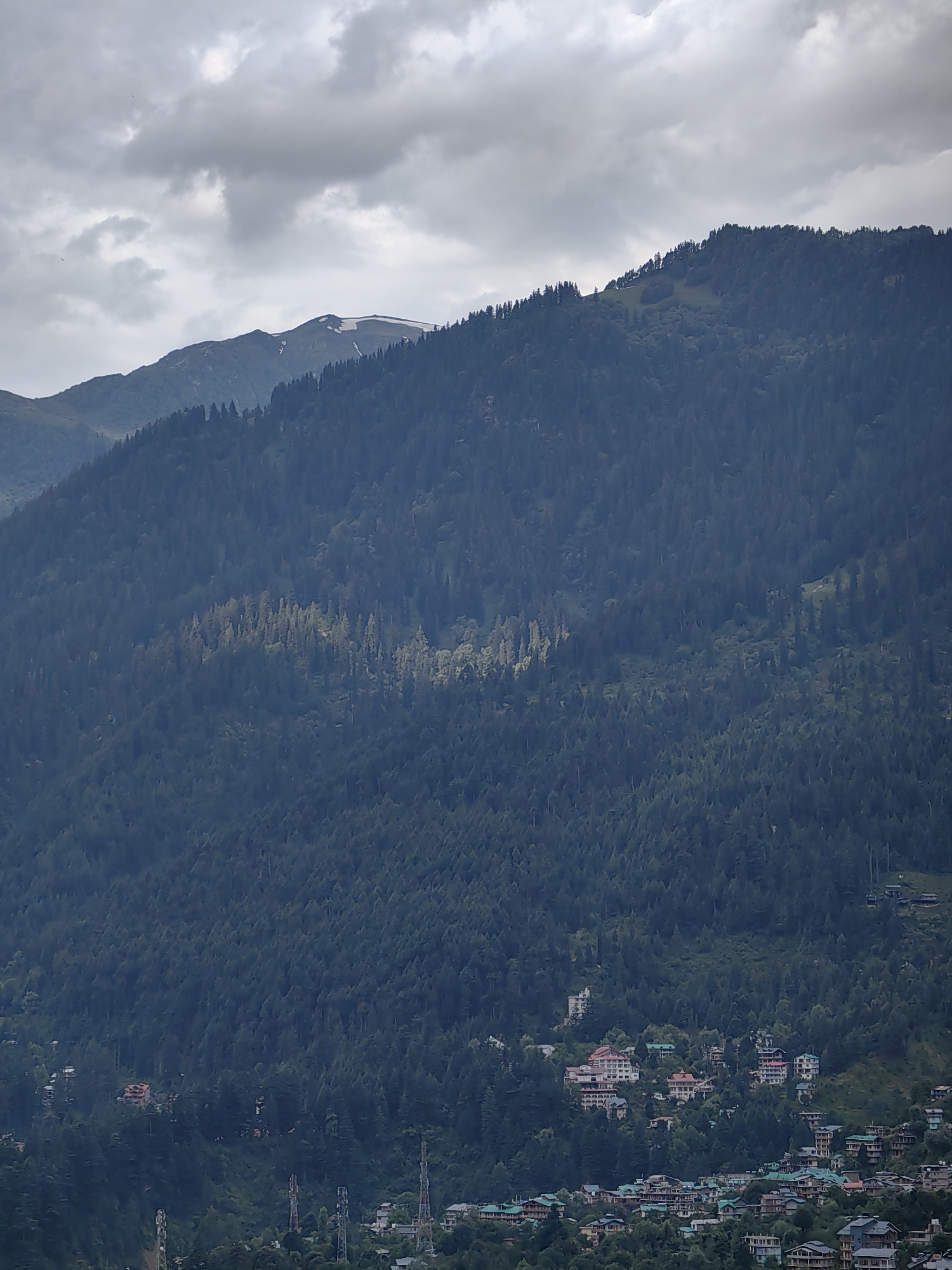 The image shows a wide shot of a mountainous area, likely in or around Vashisht, India, given the architecture of the buildings visible. The scene is dominated by a densely forested mountainside, with a cluster of buildings nestled on the lower slopes. The trees are predominantly dark green conifers, creating a textured surface across the mountain.
In the foreground and mid-ground, several buildings are visible. These structures exhibit a style commonly found in Himalayan hill stations, with pitched roofs, many in shades of green and grey, and some with red-tiled roofs. The buildings appear to be houses and possibly hotels or guesthouses, indicating a settlement or village on the mountainside. Communication towers are also present among the buildings, suggesting infrastructure development in the area.
The upper part of the image features the sky, which is overcast with large, grey clouds. A distant mountain peak is visible towards the top left, with a patch of snow or ice on its summit. The overall lighting is diffused due to the cloud cover, contributing to a somewhat muted color palette. The lush green of the forest contrasts with the grey of the sky and the more varied colors of the buildings. No people are discernible in the image. The environment is natural and mountainous, with signs of human habitation and infrastructure integrated into the landscape.