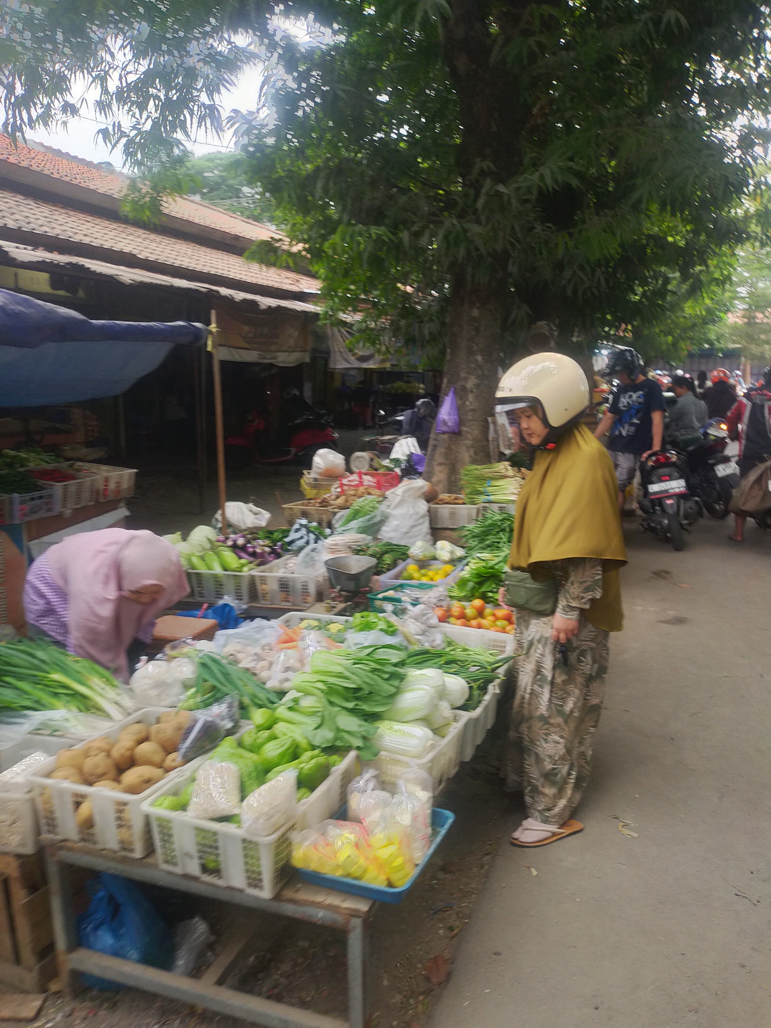 The image depicts an outdoor market scene in Trayeman, Indonesia, characterized by a variety of fresh produce displayed for sale. The foreground features several white plastic crates filled with vegetables, including green onions, potatoes, green bell peppers, and what appear to be bok choy or napa cabbage. Some vegetables are packaged in clear plastic bags. A person wearing a light-colored helmet, a green cape-like garment, and patterned pants stands near the produce, appearing to be a vendor or shopper. Behind them, other individuals, some on motorcycles, are visible in the background, suggesting a bustling marketplace. Tents and stalls, characteristic of a market, are also present. The overall environment suggests a humid, possibly tropical setting, with trees and foliage visible.