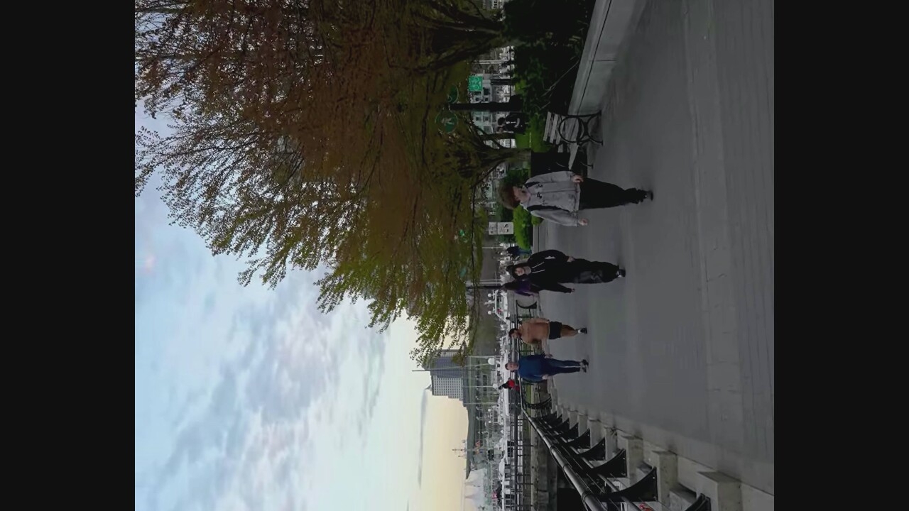 The image depicts a waterfront promenade in Vancouver, Canada, likely near Canada Place, given the presence of docked boats and a distinctive building in the background. The sky is overcast with soft clouds. A paved walkway runs along the waterfront, bordered by a dark metal railing on the left. Several people are walking on the path. In the foreground, a young person with curly hair wearing a light-colored hooded jacket and dark pants walks towards the camera. To their left and slightly behind, another individual in a dark hooded sweatshirt and dark pants walks away from the camera. Further back and to the left, two people are walking away from the camera, one in a blue shirt and dark pants, and another in a tan shirt and shorts. Behind them, a group of people are walking in the distance, and boats are docked in the harbor. Mature trees with green and reddish-brown leaves are situated on the right side of the walkway, some casting shadows. Benches are visible along the right edge of the promenade, and shrubbery lines the area behind the benches. The overall scene suggests a casual, urban outdoor environment.