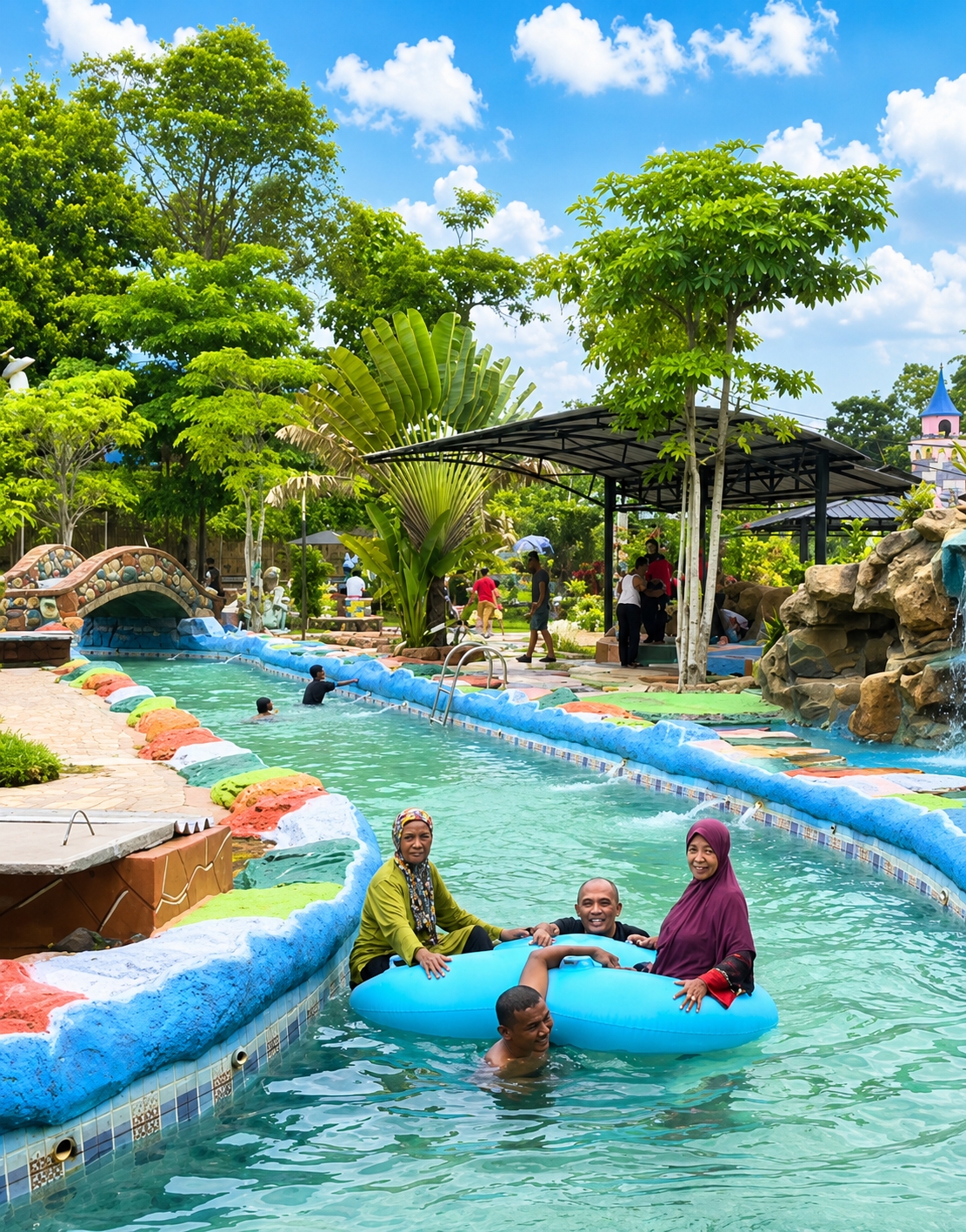 Four people are in a swimming pool at a water park in Eampat Kwalamencirim, Indonesia. Three of them are in a large, blue inflatable tube. One person is floating next to the tube. The people appear to be enjoying themselves, with smiles on their faces. The pool is surrounded by colorful decorative elements, including artificial rocks and bridges. Lush green trees and a bright blue sky with white clouds are visible in the background. The water is clear and inviting, and the overall atmosphere is one of leisure and recreation.