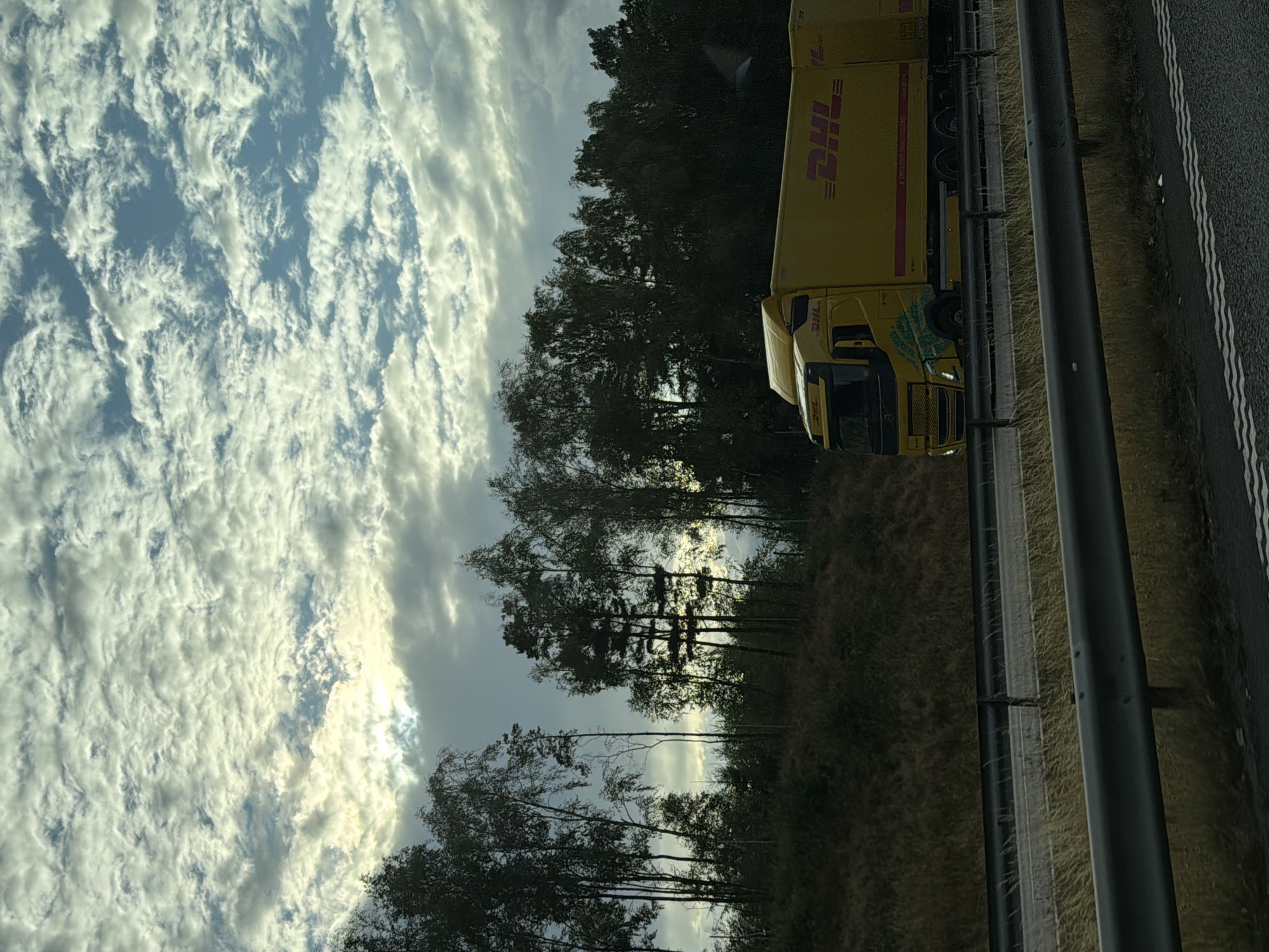 A yellow DHL truck with a red logo is driving on a highway. The truck has a green design on its side. The highway is bordered by trees and dry grass. The sky is cloudy with patches of sunlight. The scene is likely in Åskloster, Sweden, as indicated by the context.