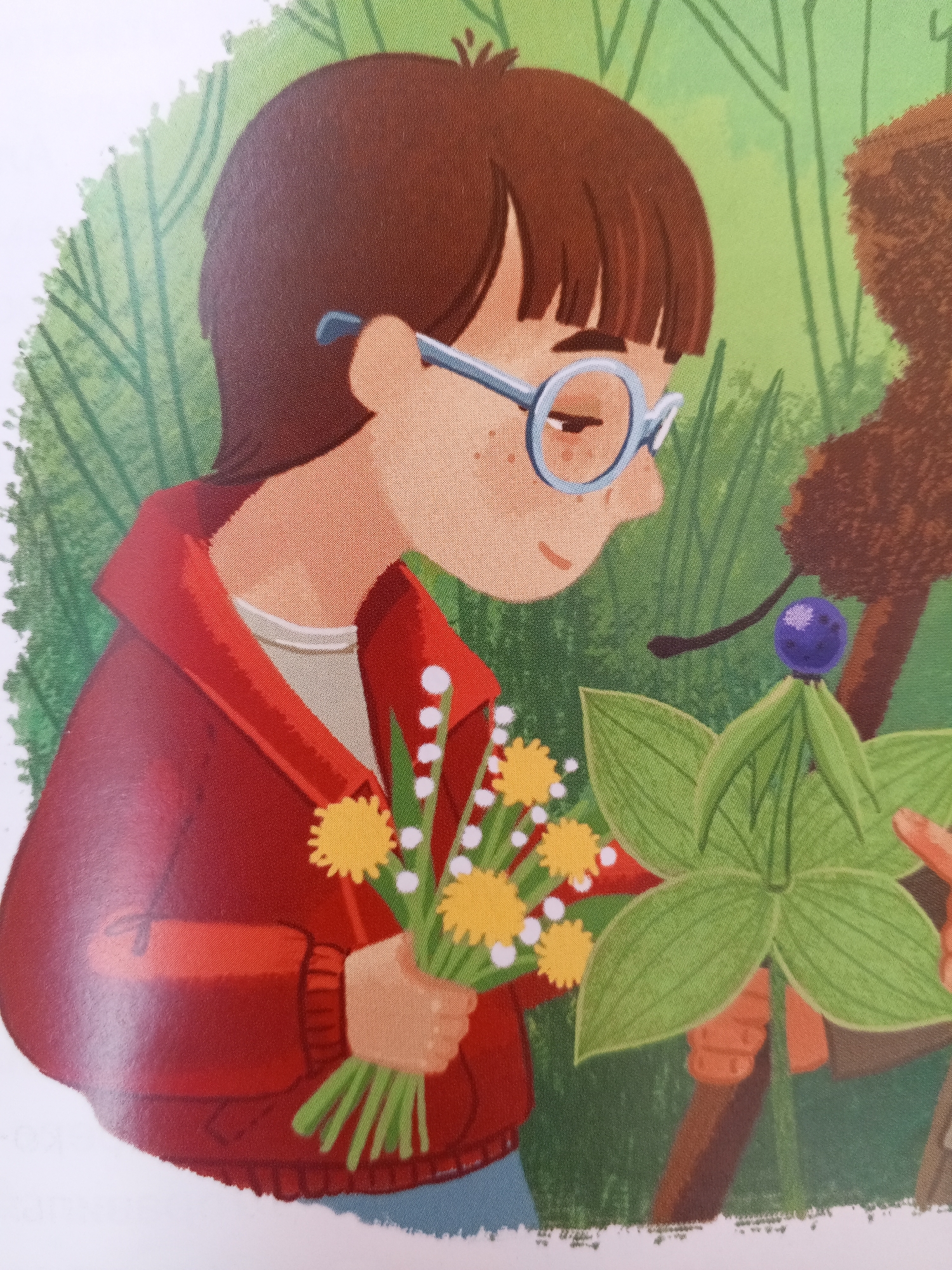 The image depicts an illustration of a child wearing glasses and a red jacket, holding a bouquet of small yellow and white flowers. The child is looking down at the flowers with a gentle expression. Beside the child, a brown furry object, possibly a bear, is partially visible. In the foreground, there is a plant with large green leaves and a single purple berry on top, perched on a thin stem. The background is a soft green, suggesting an outdoor environment with trees or foliage. The style of the illustration is cartoonish and friendly. There is no discernible location within the city of Chistopol, Russia, in this image.