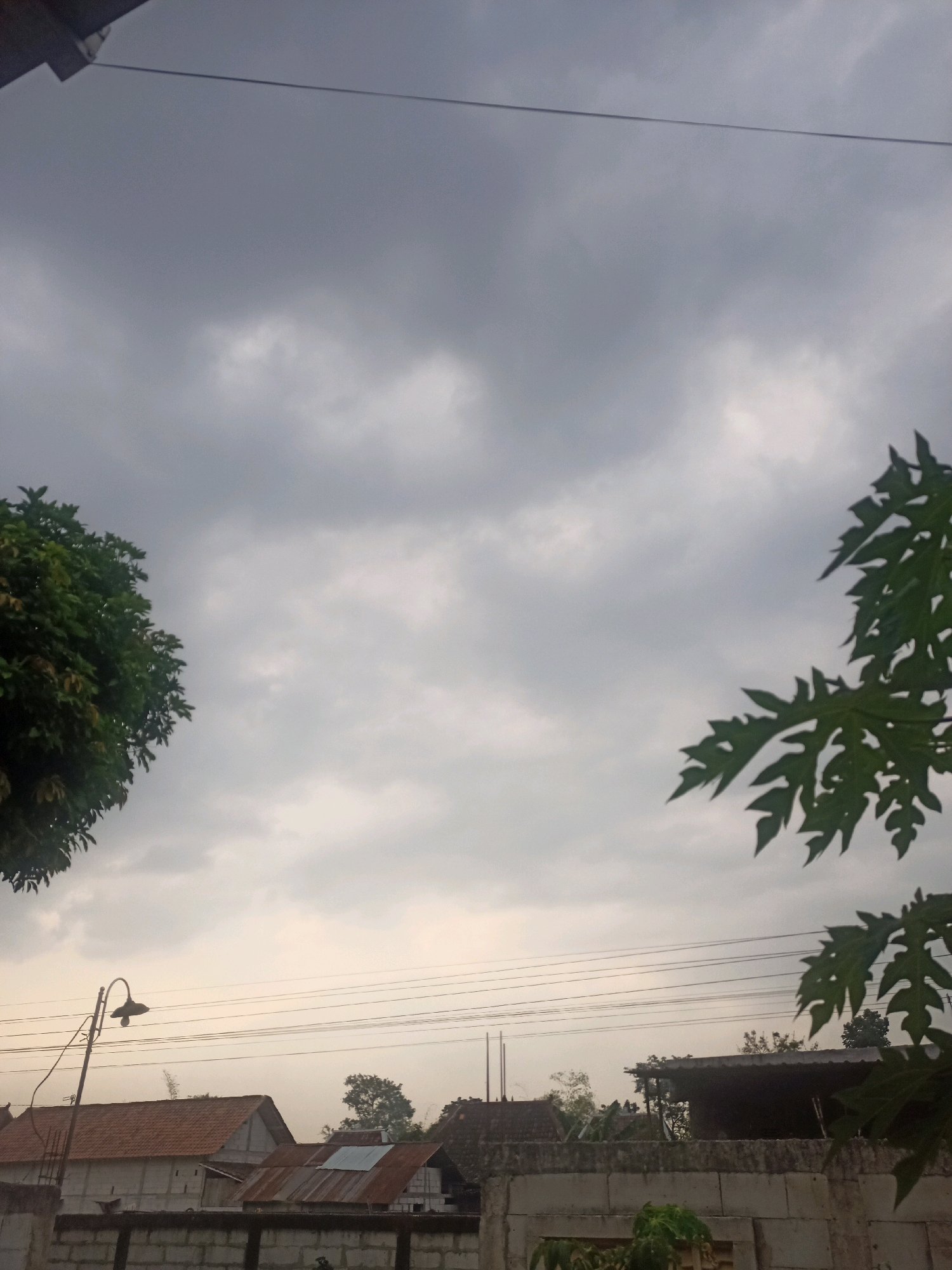 The image depicts an outdoor scene at dusk or dawn in the city of Karangtalun, Indonesia, characterized by an overcast sky with gray clouds. In the foreground, a brick wall runs horizontally across the bottom of the frame. Above the wall, several rooftops of houses are visible, some with red-tiled roofs and others with corrugated metal roofs. A street lamp with a curved pole stands to the left, its light fixture dark. Electrical wires are strung across the middle ground. On the left side of the image, a large, leafy green tree is partially visible. On the right side, a branch with large, lobed green leaves, possibly from a papaya tree, extends into the frame from the top right. The overall impression is of a residential area under a cloudy sky.