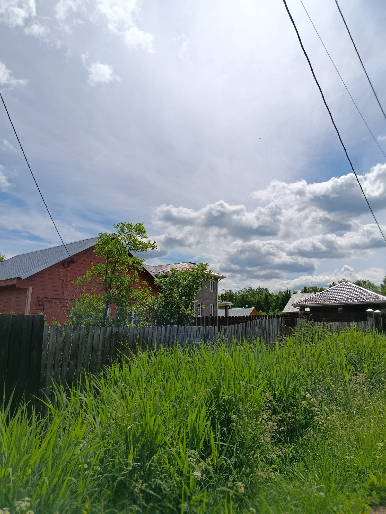 The image depicts a rural residential area in Vereya, Russia, on a partly cloudy day. In the foreground, tall green grass and vegetation line a weathered wooden fence. Behind the fence, a red wooden house with a metal roof is visible, along with other houses and structures, some with tiled roofs, nestled among trees. Power lines stretch across the sky, and clouds fill the upper portion of the frame. The scene suggests a tranquil, possibly summer, day in a village or the outskirts of a town.