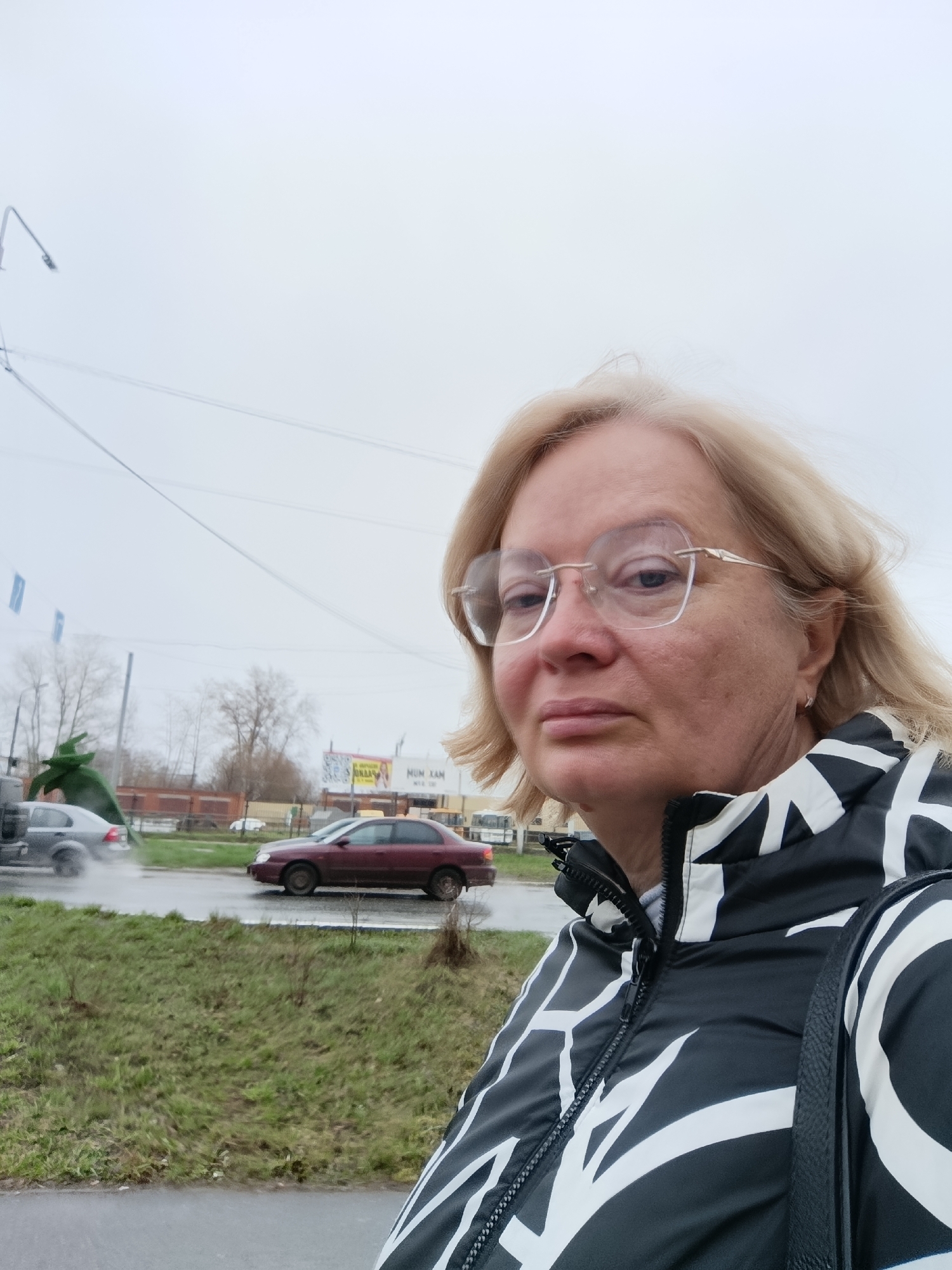 The image features a close-up portrait of an adult woman, positioned slightly to the right, against the backdrop of an overcast street scene. The woman has fair skin, short blonde hair, and is wearing large, clear-rimmed eyeglasses with thin gold frames. Her expression is neutral. She is dressed in a black and white puffer jacket with a bold, abstract pattern, and a black strap, likely from a bag, is visible over her right shoulder.
The background depicts a roadside environment, typical of an urban or semi-urban setting in Chaikovsky, Russia. The sky is uniformly grey, indicating an overcast day. A multi-lane road is visible, with a central grassy median. Two cars are prominent on the wet asphalt: a silver or light-colored vehicle on the left, appearing to spray water from its tires, and a maroon sedan further to the right. In the distance, leafless trees and various buildings line the horizon, under a network of overhead utility wires. A tall, green, abstract object or sculpture stands near the silver car.
A billboard is visible in the mid-ground. The Cyrillic text on it reads "ВЫСТАВКА КУПИ И УВЕЗИ" (Exhibition Buy and Take Away) on the top line, and "МИР ХАН" (World Khan) on the line below, with smaller, less legible text underneath. The wet ground suggests recent rain or damp weather conditions. No specific activity beyond cars driving is clearly discernible. The overall atmosphere is muted due to the cloudy sky.