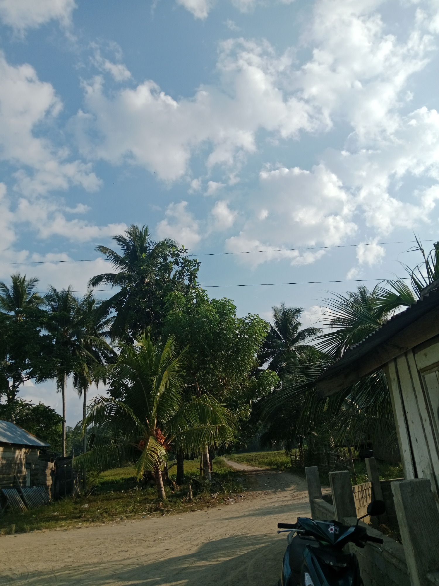 The image depicts a rural scene in Lakea Satu, Indonesia, under a bright blue sky dotted with white clouds. In the foreground, a dirt road curves through the landscape, with a dark-colored motorcycle parked on the right side of the frame. Adjacent to the road, on the right, is a rustic wooden structure with a corrugated metal roof, partially obscured by palm fronds. To the left of the road, a small, weathered wooden house with a corrugated metal roof stands. Beyond these structures, a dense cluster of palm trees and other lush green vegetation fills the middle ground, with some taller trees rising above the palms. The overall impression is one of a tropical, tranquil, and undeveloped environment.