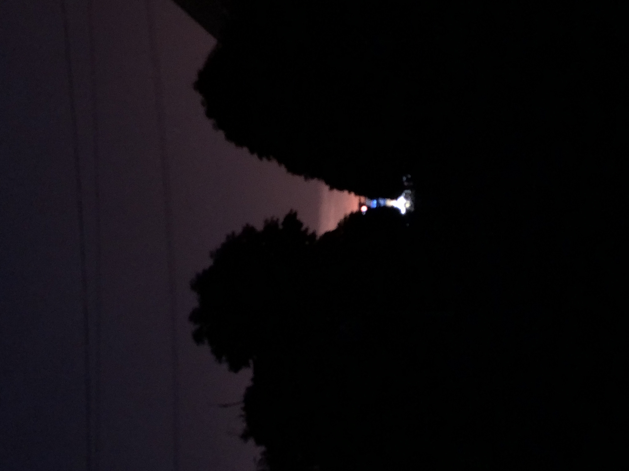 The image is a dimly lit, outdoor scene at dusk or night, with silhouettes of trees framing the view. The sky above is a deep purple. In the distance, between the trees, a bright, illuminated structure with lights is visible. The structure appears to be a beacon or a tall, illuminated object. The foreground and most of the scene are obscured by darkness, making it difficult to discern further details of the environment.