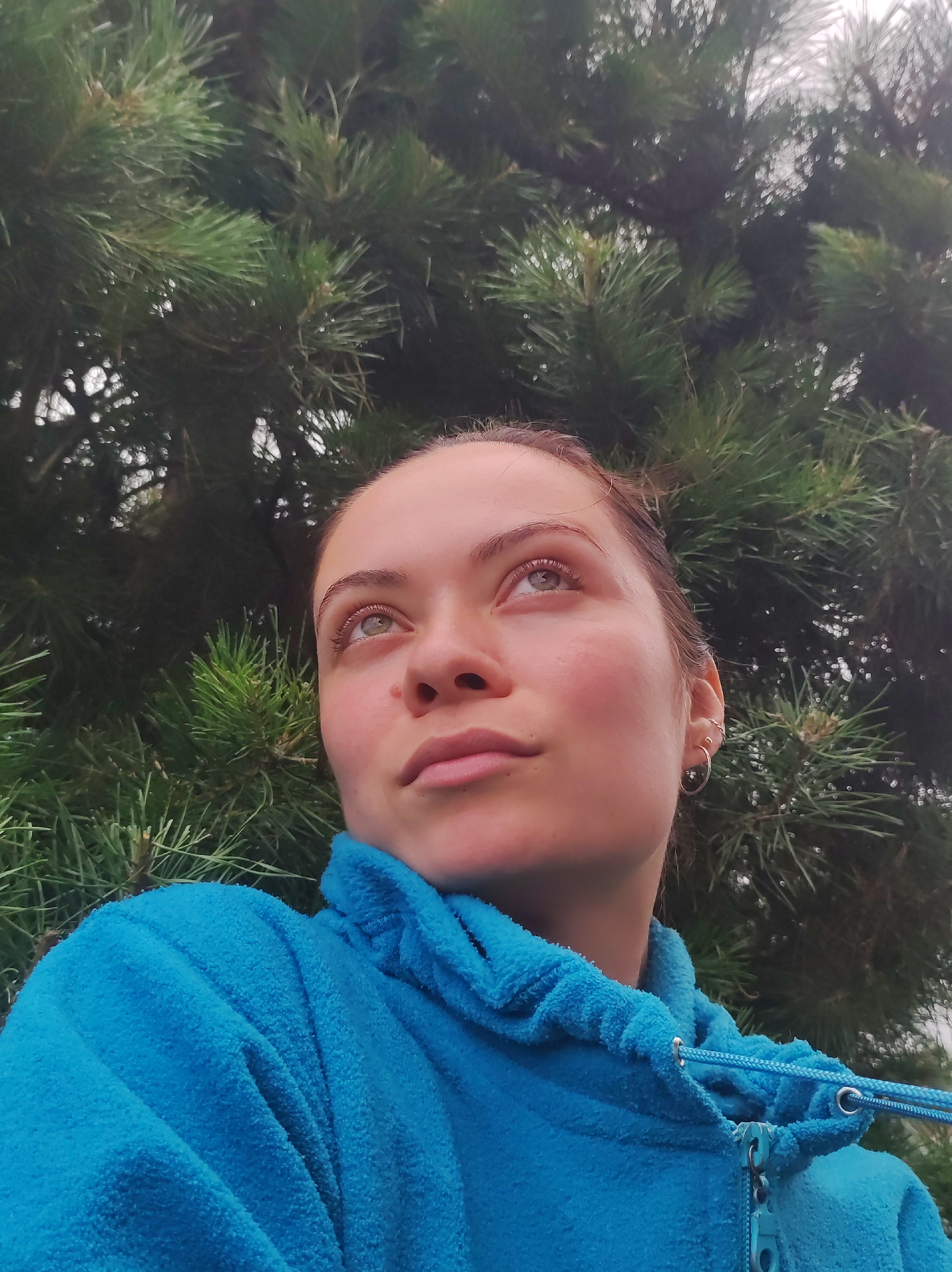 A young woman with brown hair pulled back is looking up and to the right, her gaze directed upwards. She is wearing a bright blue fleece hooded jacket with the hood up and cinched with blue drawstrings. A zipper pull hangs from the jacket. She has light-colored eyes and appears to be wearing a small hoop earring in her left ear. The background is dominated by the dark green needles of a pine tree, with glimpses of bright sky through the branches. The image appears to have been taken outdoors, likely in a natural setting such as a park or forest, though a specific location in the city of Fokino, Russia, cannot be determined from the visual information alone.