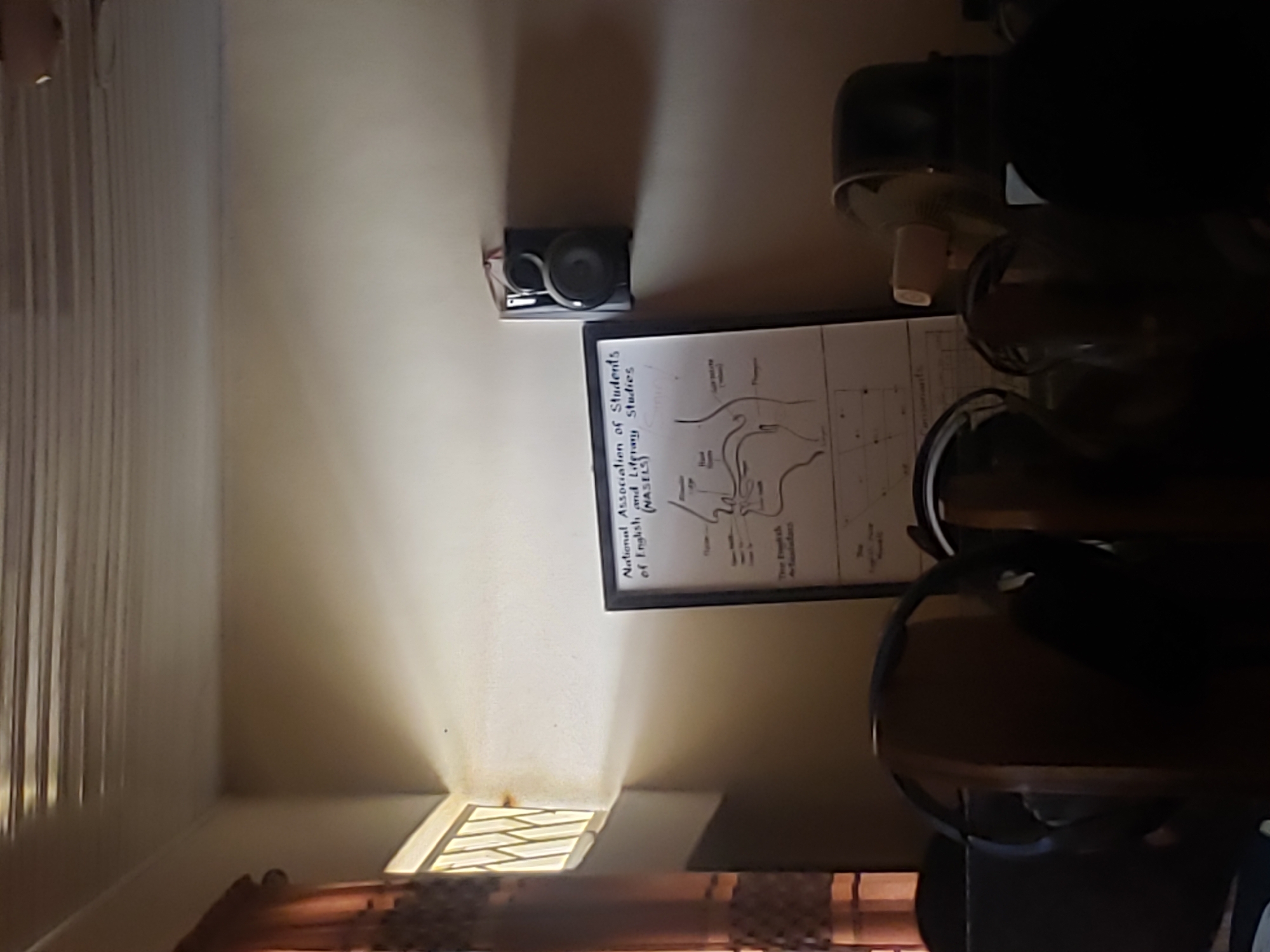 A medium shot captures an indoor scene with a wall-mounted speaker and a diagram poster on the wall. The speaker is black and mounted high on the wall to the right. The poster, located below and to the left of the speaker, appears to be educational, possibly depicting anatomical diagrams related to speech or phonetics, with text that includes "National Association of Students of English and Literary Studies (NASELS)". A window with a patterned grill is visible on the left, with curtains partially drawn. The overall lighting suggests a dimly lit room with light streaming in from the window, creating a shadow pattern on the ceiling. In the foreground, several dark objects, likely including headphones and perhaps a fan, are partially visible and mostly obscured by shadow, suggesting they are on a desk or table. The context of Jos, Nigeria, implies this is likely a room within a residence, dormitory, or educational institution in the city.