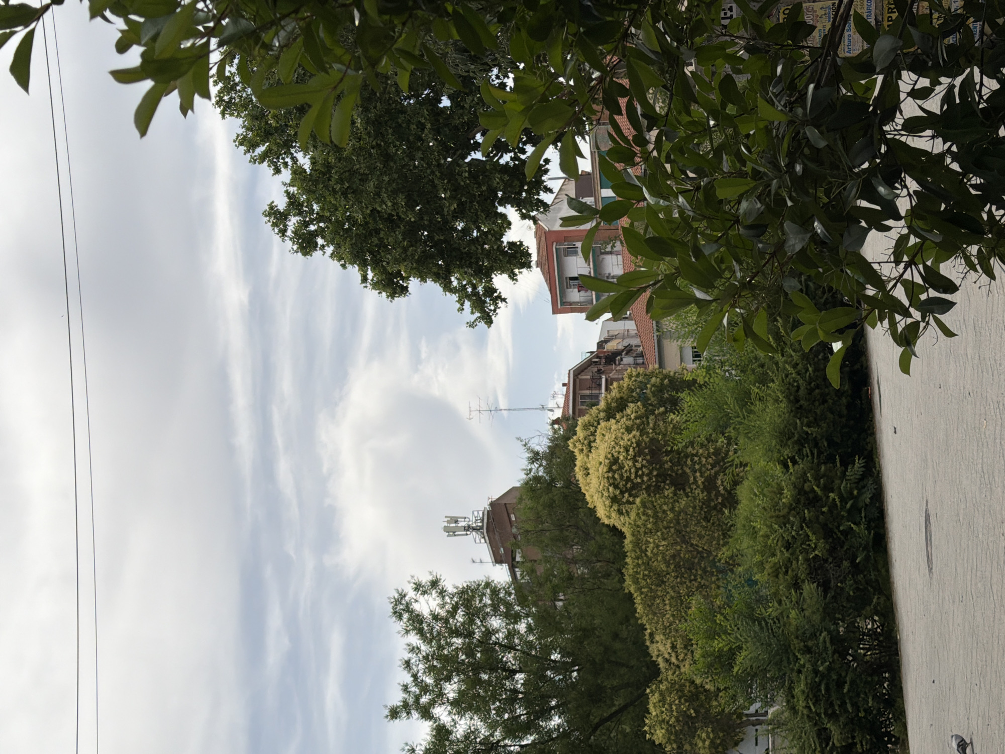 The image is an outdoor, eye-level, full-shot photograph taken on a cloudy day. It is a vertical composition featuring foliage in the foreground, obscuring much of the background. The foliage consists of lush green leaves and branches, with some appearing closer and larger than others, suggesting a dense natural environment.
Behind the foliage, buildings are visible. These are of a moderate size, appearing to be residential or apartment buildings, with architectural details like balconies and red-tiled roofs. Some of the buildings have visible antennae or communication towers on their roofs, hinting at a populated urban or suburban area.
The sky is overcast with patches of light peeking through, creating a diffused lighting condition. The time of day is difficult to ascertain precisely, but the lighting suggests it could be late morning or afternoon. There are no people visible in the image. One building has posters on its exterior, but the text is not legible. The overall scene depicts a view through trees towards buildings under a cloudy sky, with a concrete pathway or sidewalk visible on the right side of the frame. The scene appears calm and uneventful.