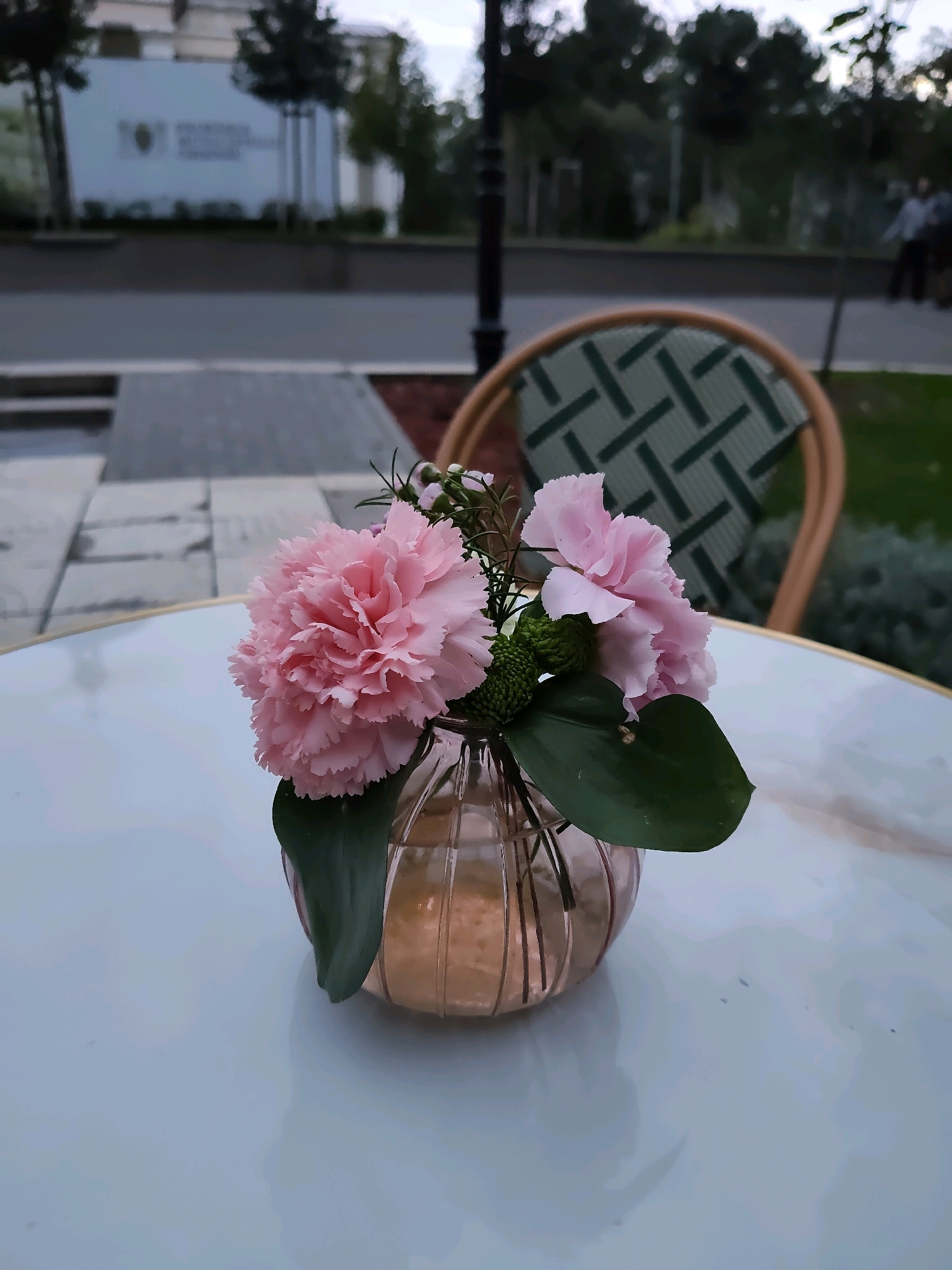 A close-up shot features a small bouquet of pink carnations in a ribbed, iridescent glass vase, placed on a round, reflective table. The flowers, characterized by their ruffled petals, are a soft pink color. One large carnation dominates the foreground, with two smaller ones beside it. Green foliage and some small, spiky green flowers are interspersed with the carnations.
The background suggests an outdoor setting in Chișinău, Moldova, likely a cafe or restaurant patio. A chair with a woven pattern of green and dark brown material is visible behind the table. Beyond the chair, a paved walkway or street separates a grassy area from a building. Trees line the walkway, and in the distance, two figures are walking. The lighting indicates it is either early morning or late evening, with a soft, diffused light. The overall atmosphere is tranquil and serene, perhaps hinting at a quiet moment outdoors.