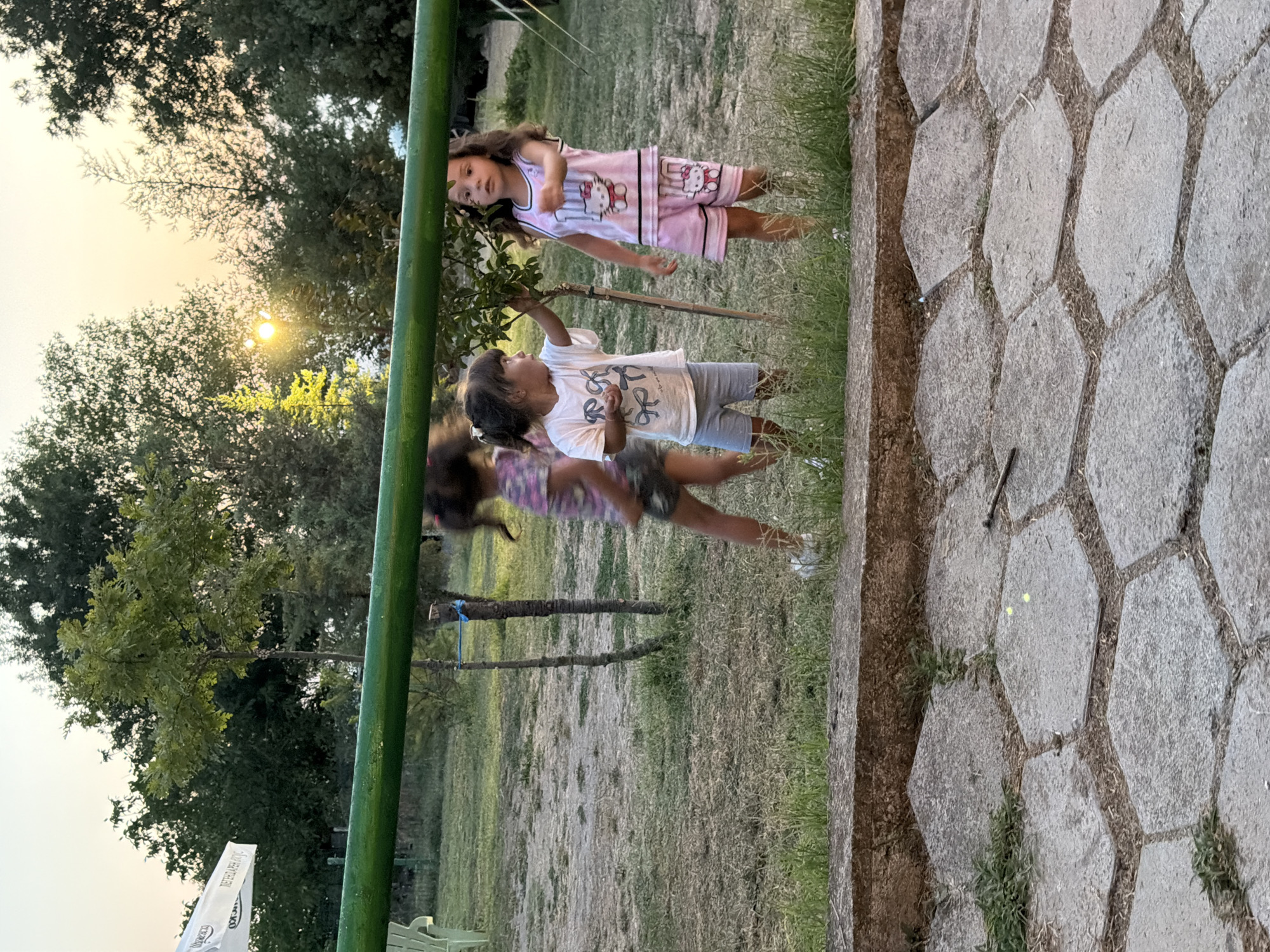In Tvarditsa, Bulgaria, three young girls are in an outdoor grassy area during daylight. A horizontal green bar runs across the foreground. Two of the girls are near the bar. The girl on the left wears a white t-shirt with a bow pattern and grey shorts, and she is touching a small tree. The girl on the right wears a pink Hello Kitty pajama set with shorts and a tank top. Her hair is long and brown. She is looking towards the camera and holding her hand out. Another girl, mostly out of frame on the left, wears a patterned t-shirt and shorts. She is in motion, facing away from the camera. The background shows trees, some with sunlight filtering through the leaves. The ground is covered in grass and dirt, with a hexagonal paved area in the lower foreground.