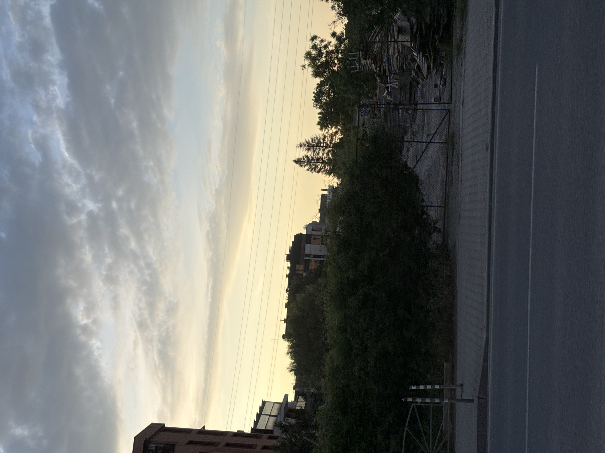 The image shows an outdoor scene in Sofia, Bulgaria, taken at dusk. In the foreground, there is an asphalt road on the right side. Adjacent to the road is a concrete sidewalk with a chain-link fence separating it from a green area with trees and dense bushes. Behind the greenery, buildings can be seen silhouetted against the evening sky. Power lines stretch across the sky above the trees. The sky is filled with clouds tinged with the colors of the setting sun. There are no people visible in the image.