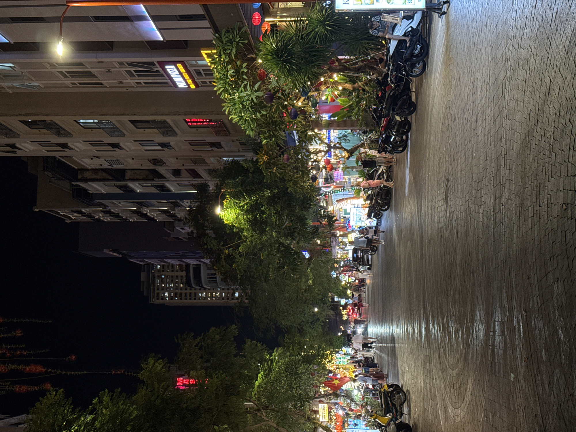 The image captures a vibrant night scene on a wide, paved street in Đà Nẵng, Vietnam. Multi-story buildings line the left side of the street, featuring numerous lit windows and commercial signage. Along this side, a row of lush trees is brightly adorned with strings of lights, colorful hanging ornaments, and traditional red lanterns, creating a festive atmosphere. Beneath these trees and stretching into the distance are various stalls and shops, illuminated by their own lights.
Numerous motorbikes are parked along the edge of the street, primarily near the shops. Many people are visible, strolling, standing, and interacting, particularly congregating around the commercial establishments. The right side of the image features a broad expanse of intricately patterned stone paving, which appears dry and reflective under the artificial lights, stretching into the background.
The scene suggests a lively evening market or entertainment district. The time of day is clearly night, evidenced by the dark sky and abundant artificial lighting. A prominent red flag with a yellow star, the national flag of Vietnam, is visible amidst the decorations.
Visible text includes "PHU PIZZA" on a red and yellow sign on one of the buildings, and "CƠM PHỞ" (meaning "rice and noodle soup," indicating a food stall) on a banner or sign further down the street. Other illuminated signs with indistinct text are also present. The overall mood is bustling and energetic.