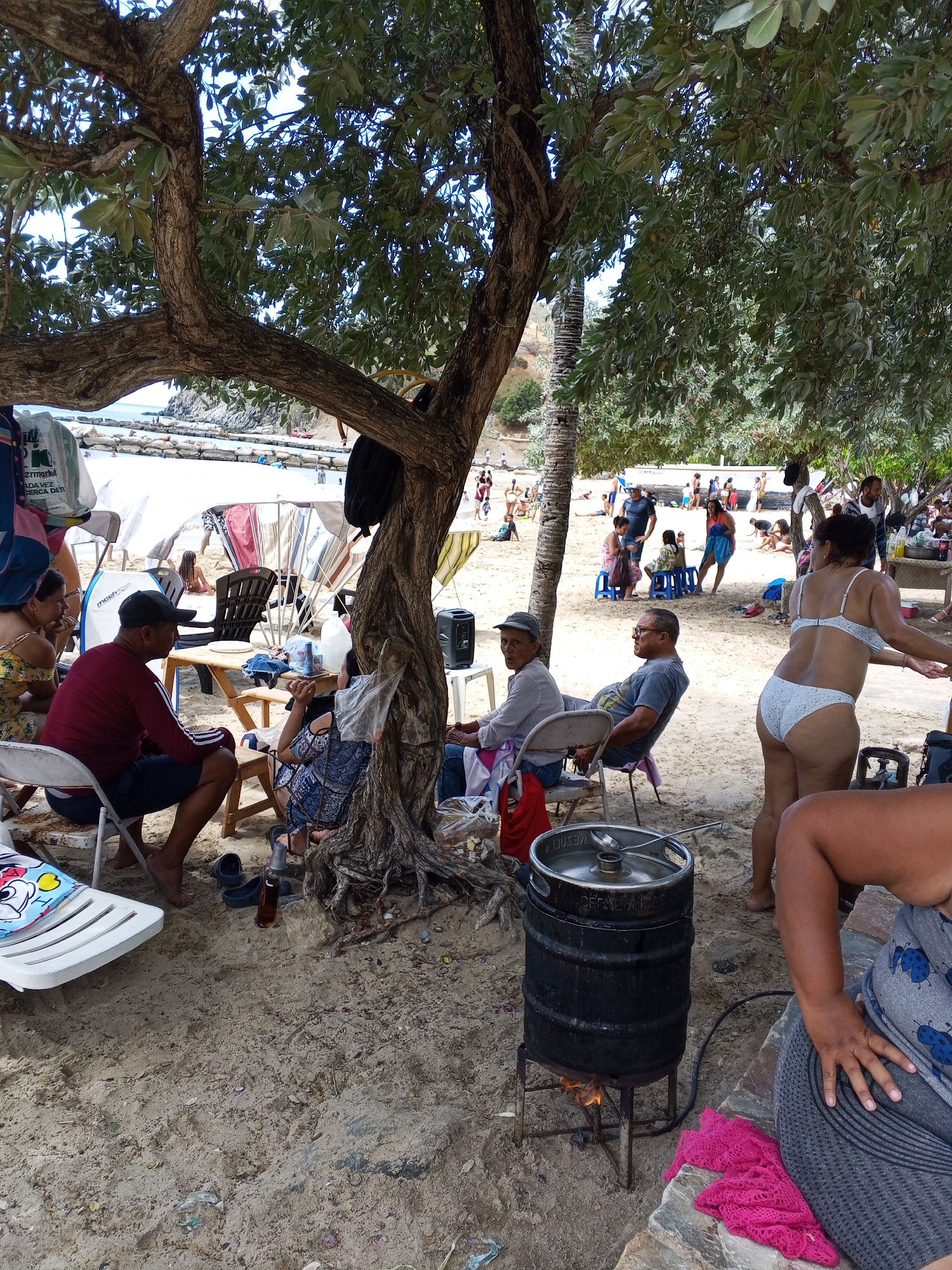 The image shows a beach scene, possibly in a coastal area given the presence of sand, a bay with people swimming, and visible trees. Several individuals are seen relaxing under the shade of trees, sitting on chairs. Some are engaged in conversation while others appear to be walking along the beach. A large, black keg is set up on a stand with a flame burning underneath, suggesting cooking or heating is taking place. The beach appears to be relatively crowded with people and beach umbrellas visible in the background. An opened beer bottle is on the sand.
